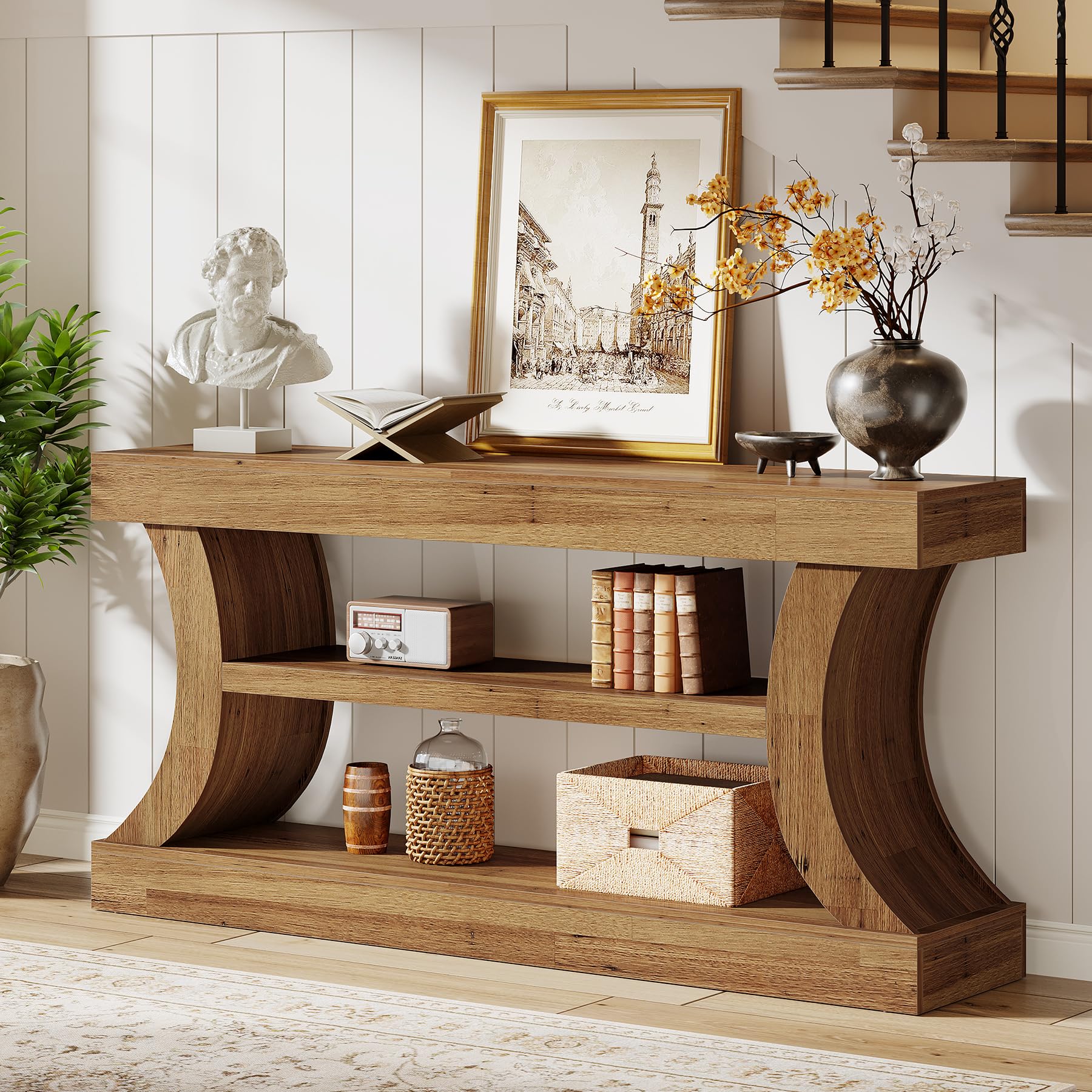 Tribesigns Table console d'entrée de 160 cm avec rangement, console TV avec design incurvé pour salon, chambre à coucher (noyer clair, 30 cm de profondeur x 160 cm de largeur