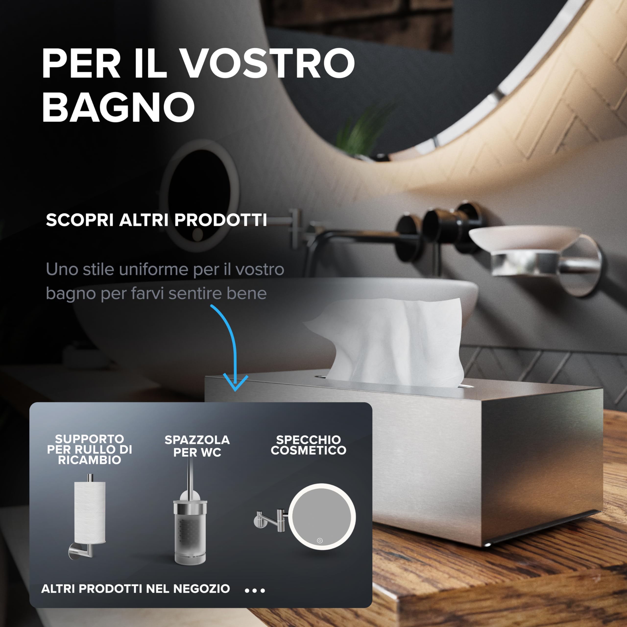 ovimar cosmetic tissue box Fornaes | acciaio inox | argento | dispenser di fazzoletti, asciugamani di carta, fazzoletti cosmetici per bagno, cucina, tavolo da pranzo | montaggio a parete opzionale