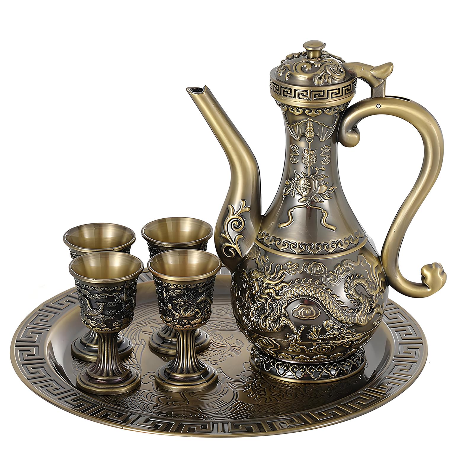 Curved Handle Liquor Decanter Set, Decorative Zinc Alloy Serving Drinkware for Home Gatherings, Holiday Hosting and Table Display Use Liquor Decanter Set Dragon Embossed Zinc Alloy Drinkware Spirits