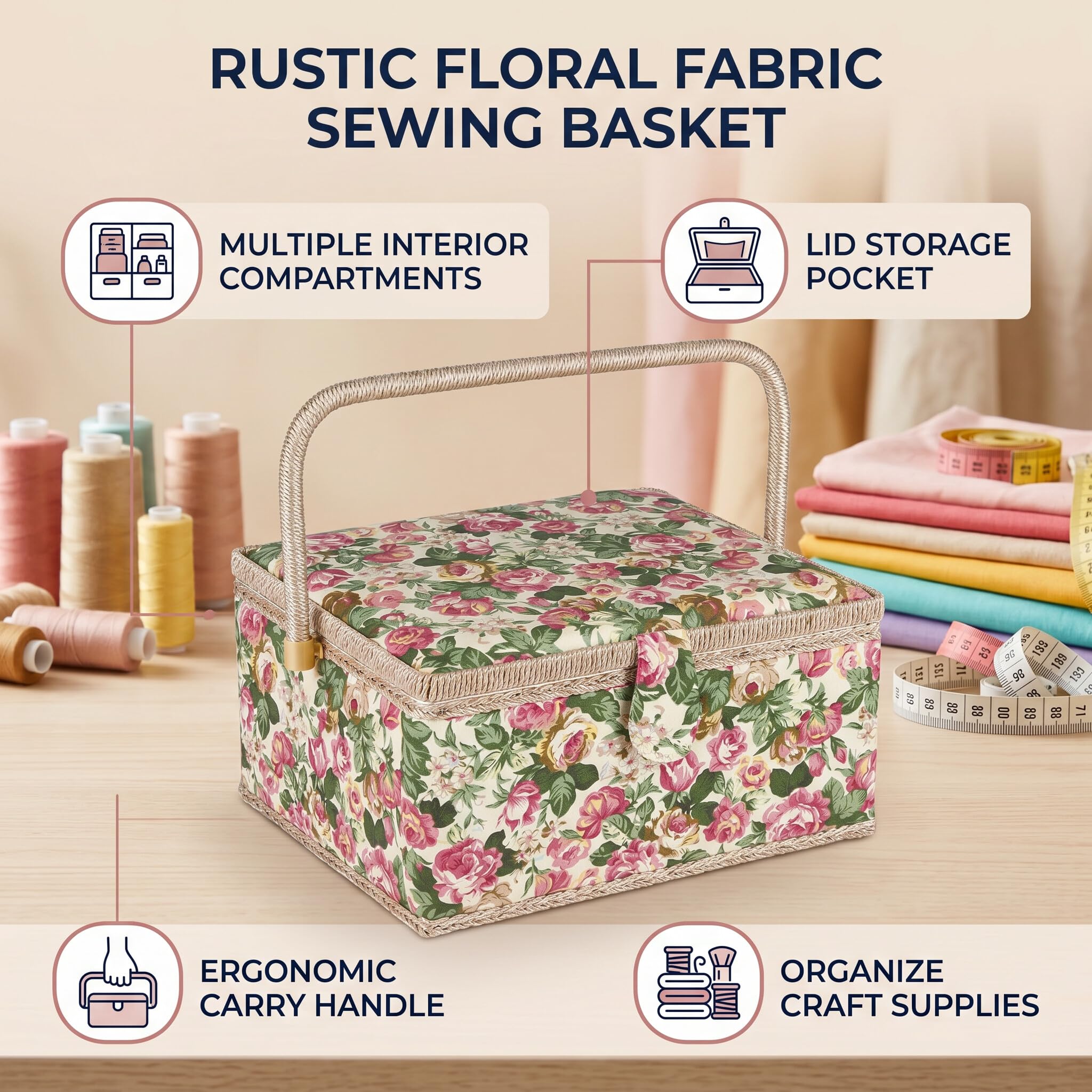 Estink Boîte à Couture Florale, Boîte de Rangement pour Accessoires de Couture avec Poignée, Organisateur de Travaux Manuels, 30,5 x 23 x 15,5 cm