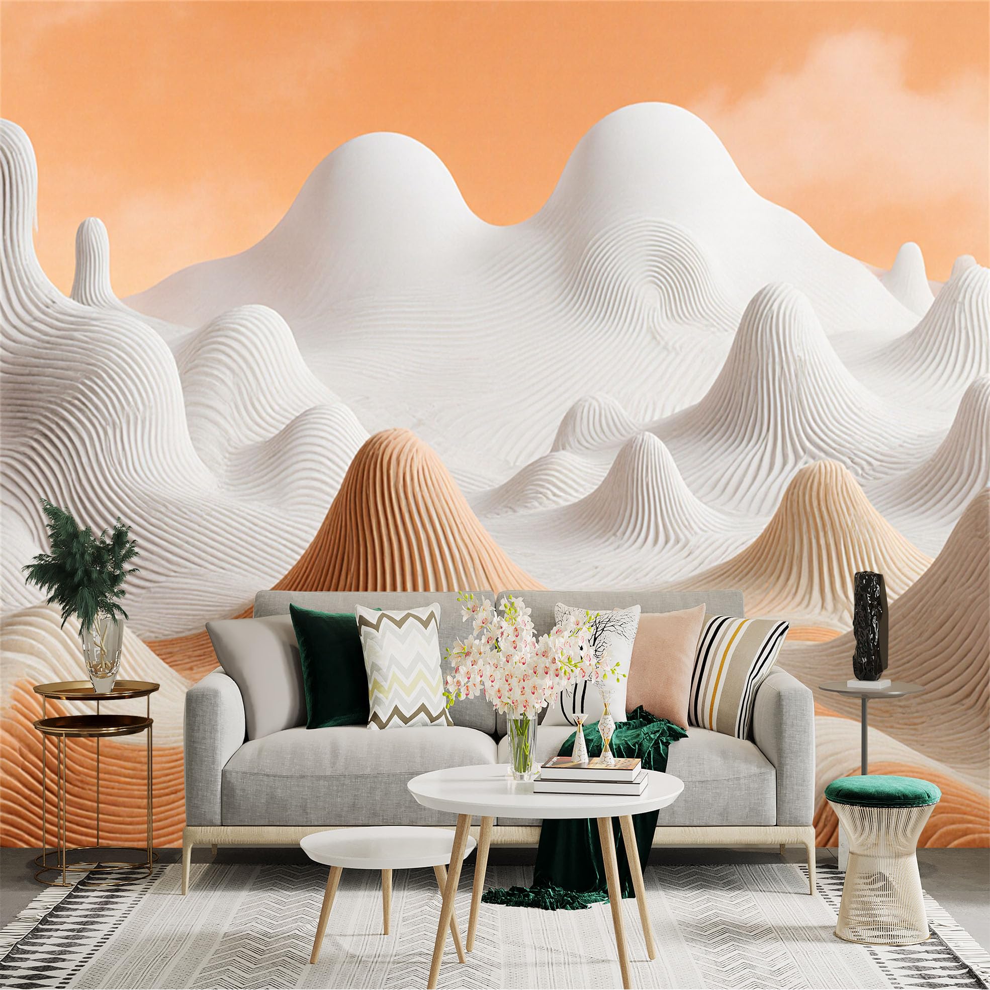 Custom Size Wall Sticker Mural， Abstract Curved Desert Landscape with White and Orange Hills， for wall Decoration， peelandstick wall Decals.