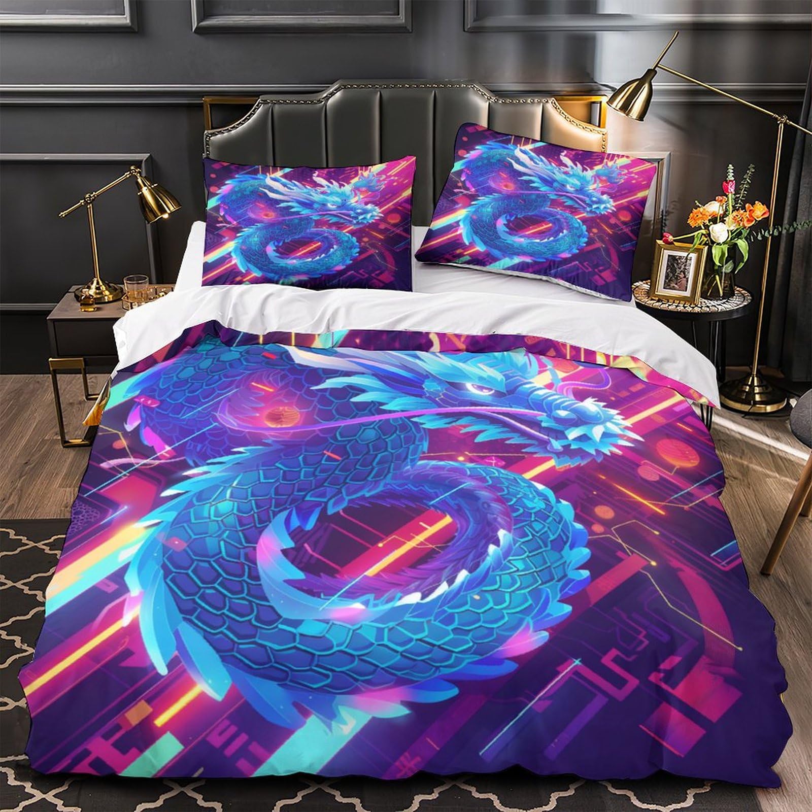 Stampato in 3D Loong cinese Copertina Stampata Microfibra Disegnata Biancheria Da Letto Con Chiusura A Cerniera Con 2 Federe,Double（200x200cm）, Per Ragazzi Adulti
