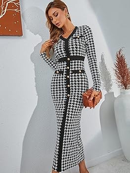 Amazon.com: WDIRARA Women's Houndstooth Plaid V Neck Split