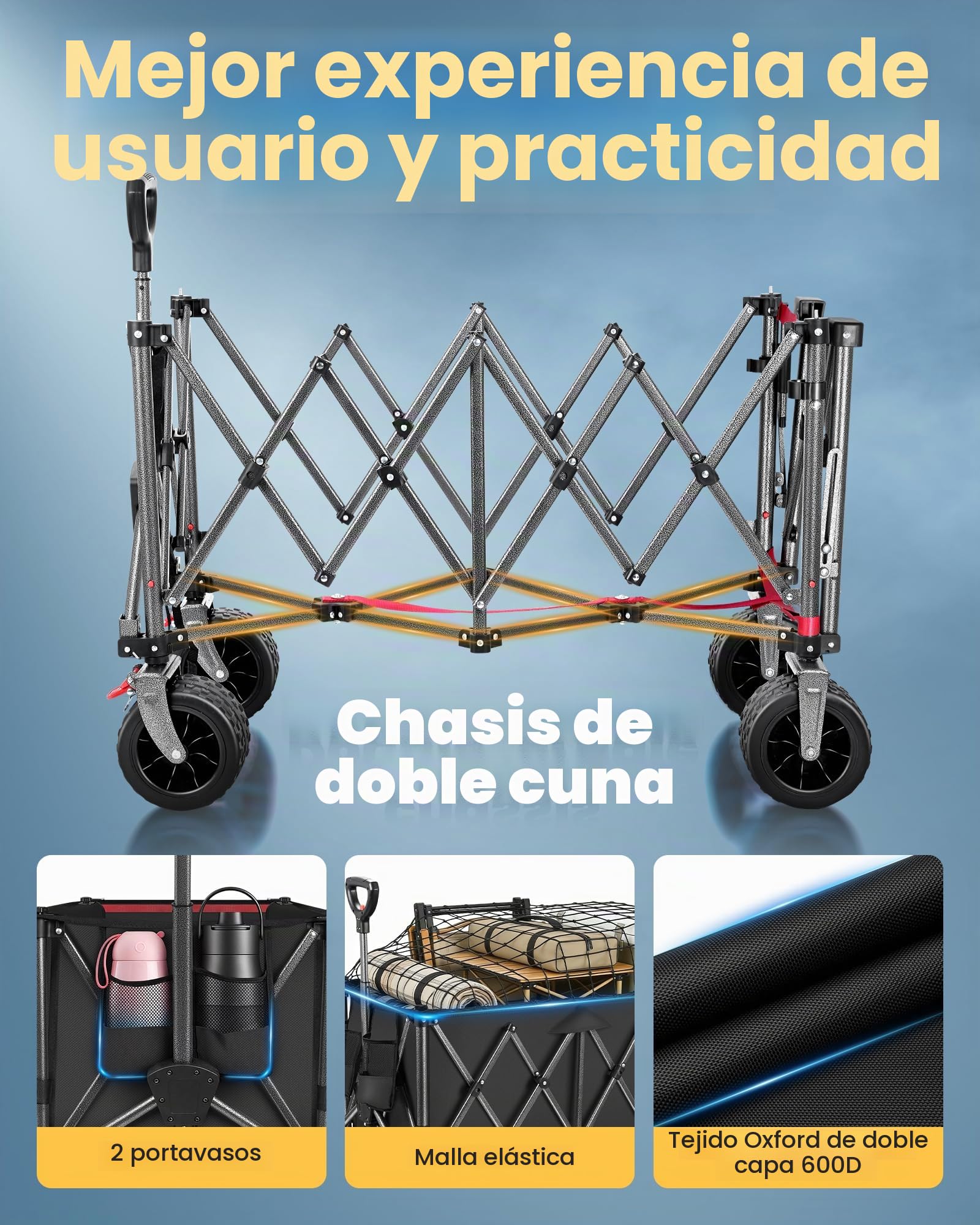 YEAUPE PRO Carro Playa Plegable con Freno 200-300L 200kg Negro | Estructura doble con panel trasero abatible, mango ajustable y diseño plegable para objetos largos en playa, camping y jardín