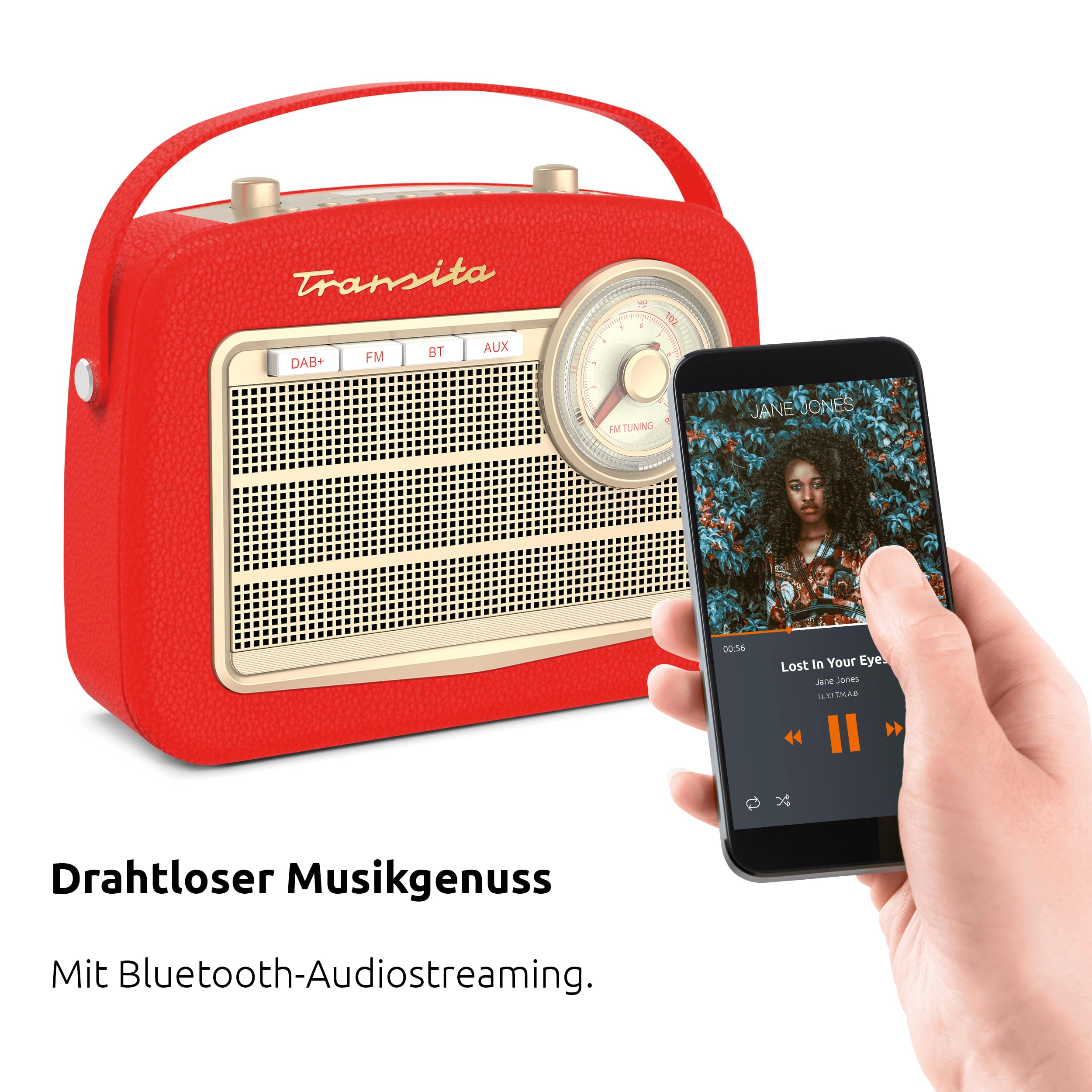 TechniSat Transita 130 - portables DAB+/UKW-Retroradio mit UKW Frequenzregler (Bluetooth-Audiostreaming, USB, Dot-Matrix LC-Display, Akku für bis zu 24 Stunden, Tragegriff, Kunstleder-Gehäuse) rot
