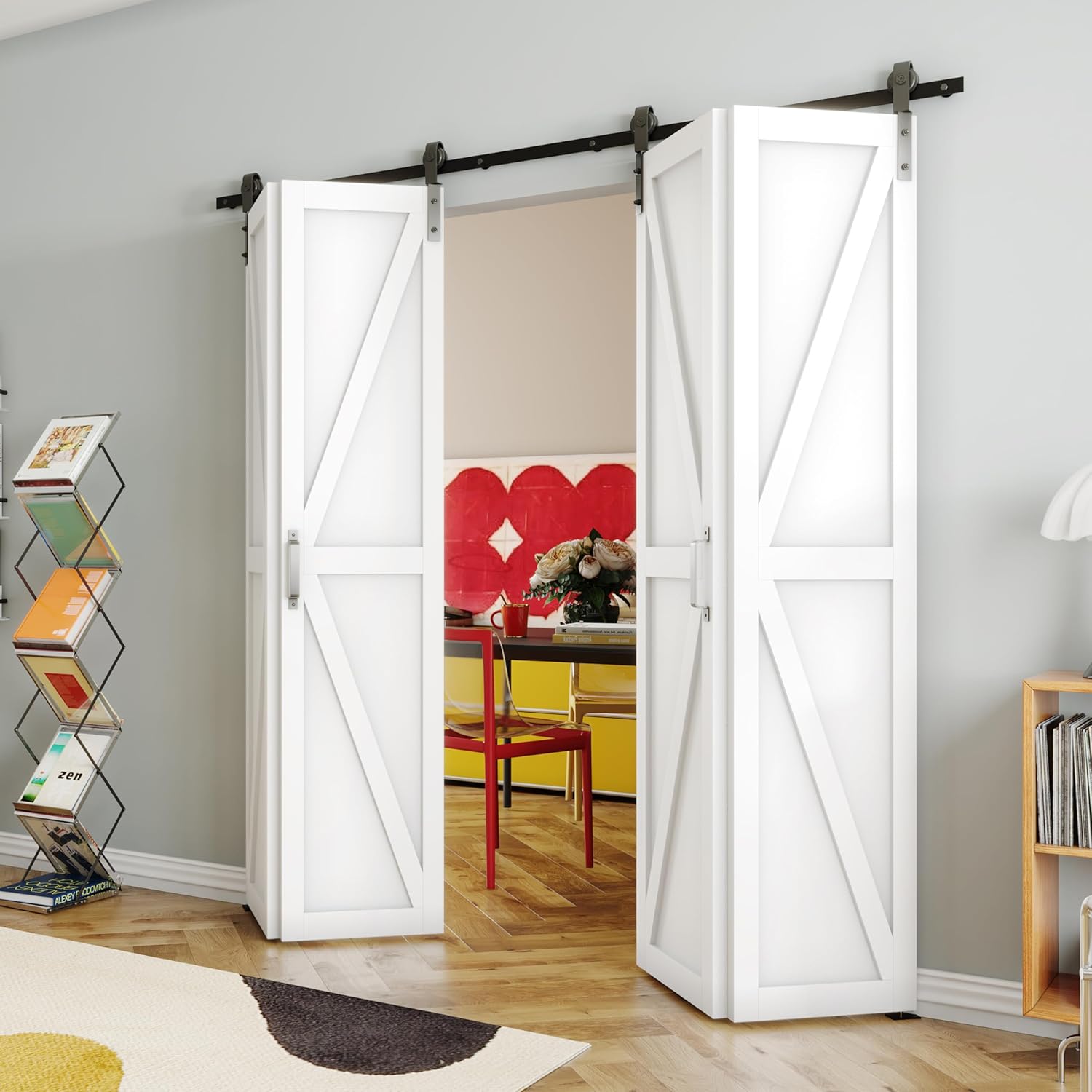 72" x 84" Bifold Barn Door, K-Shape Bi-fold Sliding Closet Doors with Hardware Kit, MDF Wood Door with PVC Surface, 2X 3.33FT Track for 4 Finished Panels, White