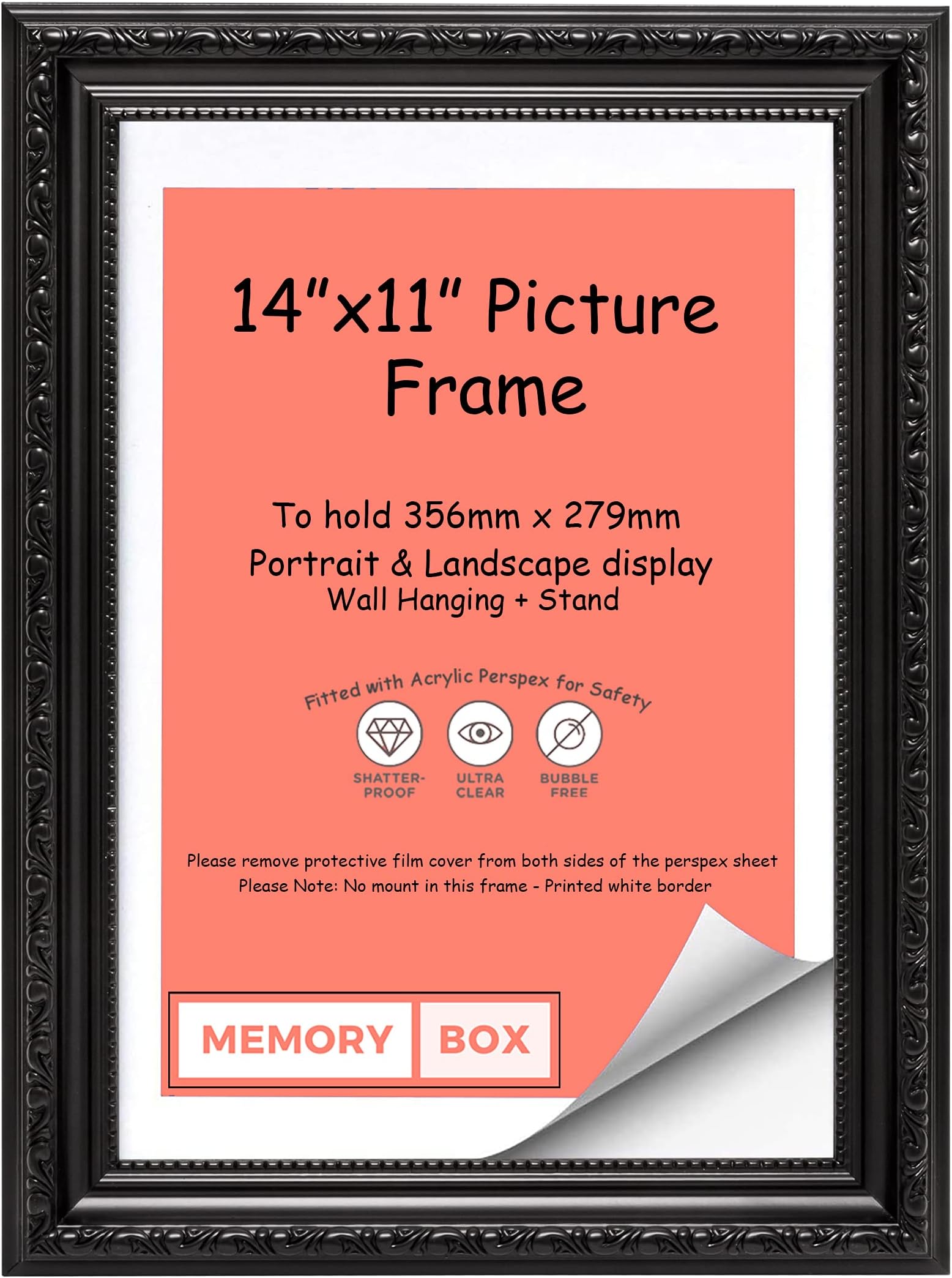 Memory Box Black – 14" x 11" Ready to hang or stand Ornate Shabby Chic Picture/Photo/Poster frame with High Clarity Styrene Shatterproof Perspex Sheet & MDF backing board