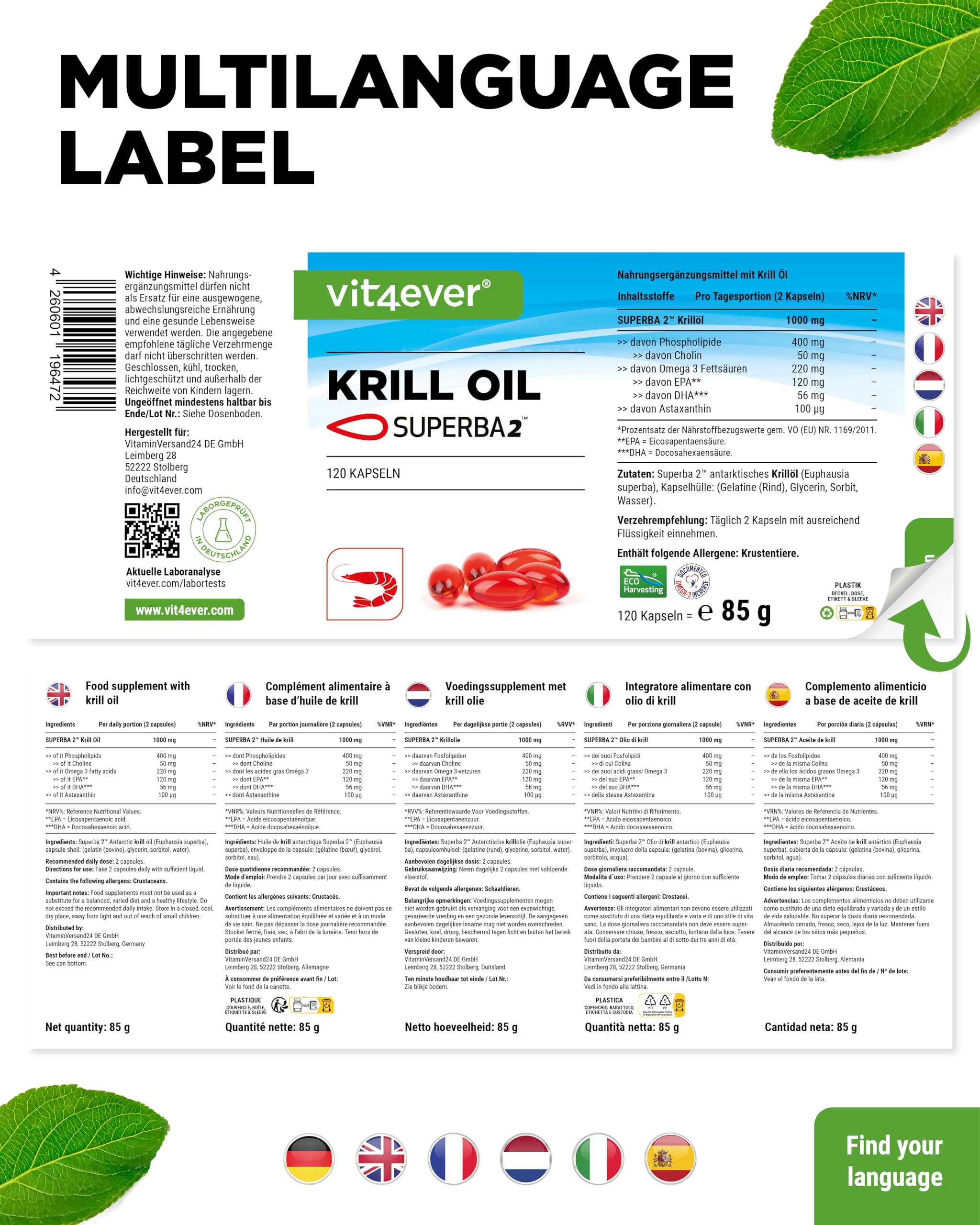 vit4ever Krill Öl - 120 Kapseln - Superba Antarktis Krillöl | 1000 mg Krillöl, EPA & DHA, Astaxanthin, Phospholipide, nachhaltig