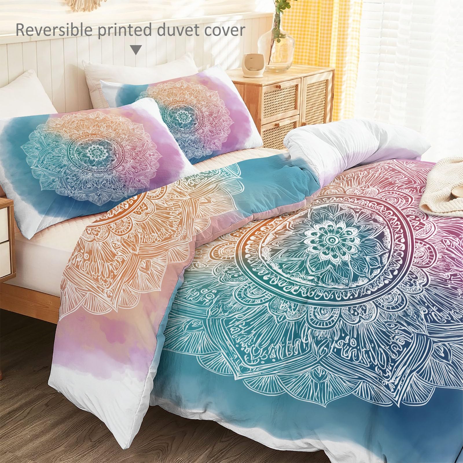 Juego de Funda nórdica Mandala De Acuarela 260 x 240 cm, Juego de Cama de Microfibra Suave con Cierre de Cremallera, 3 Piezas, Ropa de Cama para Todas Las Estaciones, Vistoso