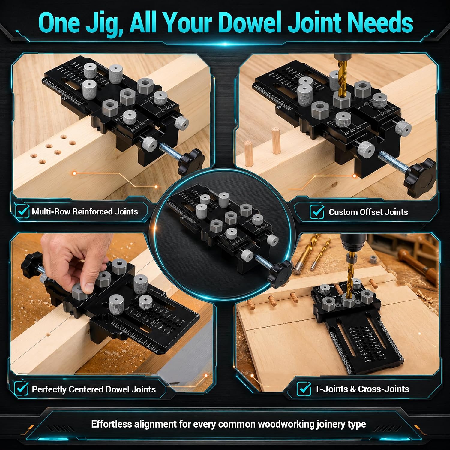 Adjustable Dowel Jig Kit with Quick Positive Stop & Clamp, 1/4" 3/8" 1/2" Doweling Drill Guide,Precision Straight Hole Drilling Jig for All Wood Thickness,Woodworking Joint Tool for Cabinet &Furniture