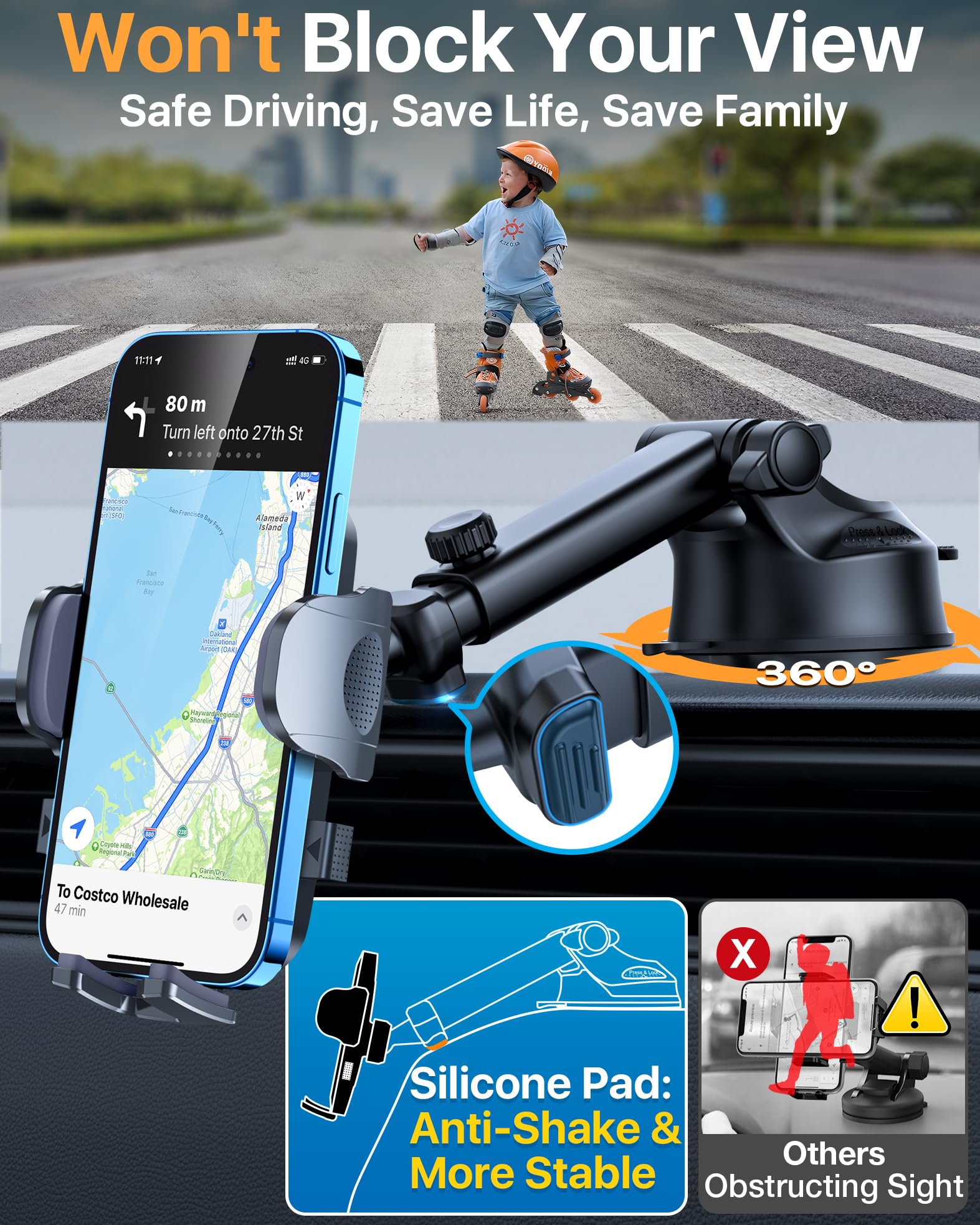 HTU Soporte universal manos libres para teléfono móvil para coche, parabrisas, rejillas de ventilación, soporte para iPhone, Samsung, todos los teléfonos y coches
