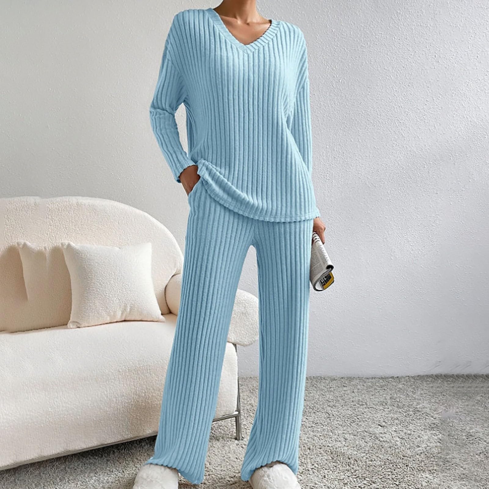 Pigiama e loungewear da donna, morbido maglia a coste, per la casa, per l'inverno, a maglia, set da due pezzi, a maniche lunghe, con scollo a V, per il tempo libero