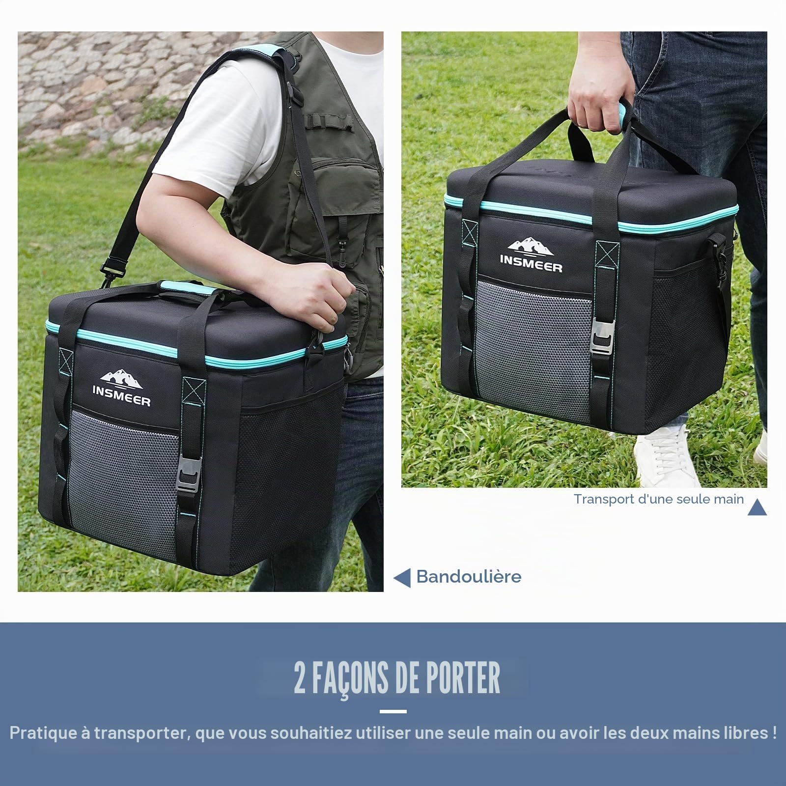 INSMEER Grand sac isotherme de 40 L, 60 canettes, pliable avec dessus rigide en EVA pour boissons, sac isotherme moyen, sac isotherme pour 4 camping, plage, voyage