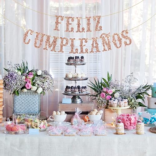 Miniatura 5 de Cartel de Feliz Cumpleaños con purpurina de oro rosa – Cartel español de feliz cumpleaños, decoraciones de fiesta mexicana temática de fiesta de