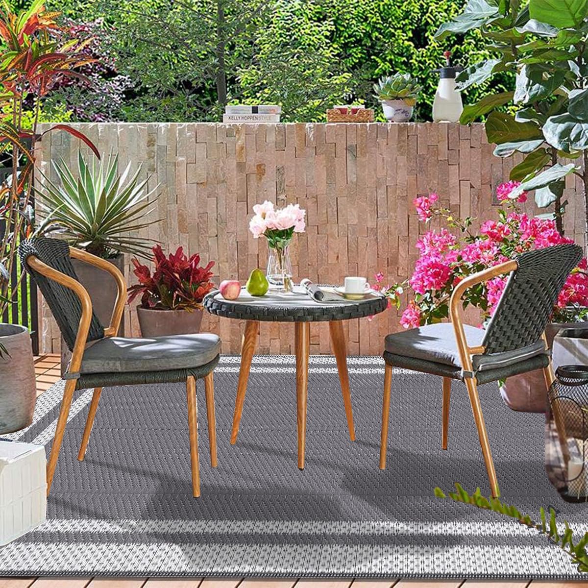 Hiseng Tappeto da Esterno Impermeabile Plastica Grigio Moderno Grande Reversibile Resistente UV Pieghevole Patio Campeggio 183x274cm
