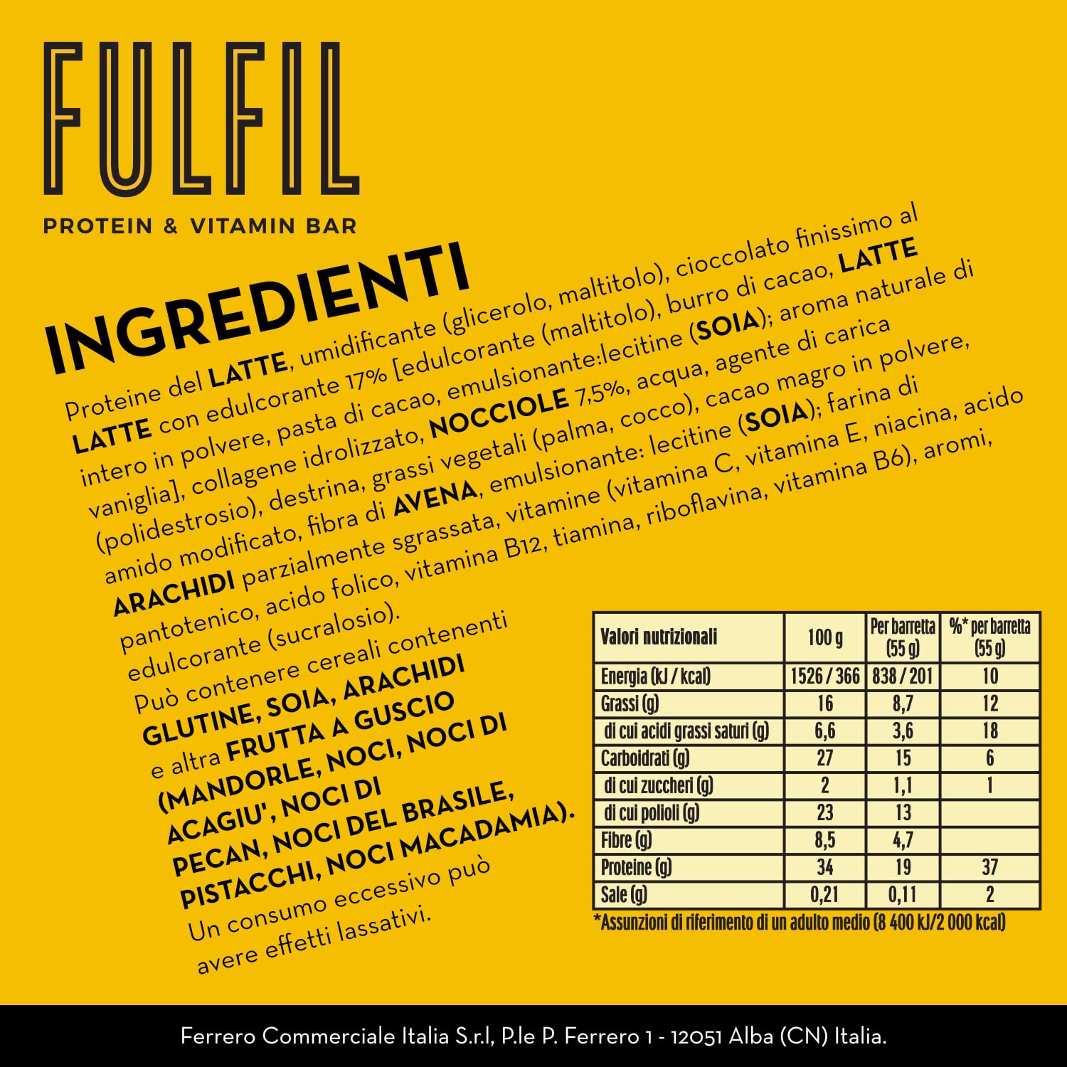 FULFIL - 15 Barrette Proteiche da 55 Grammi, Gusto Cioccolato e Nocciola con 9 Vitamine e Pochi Zuccheri, Confezione da 825 Grammi