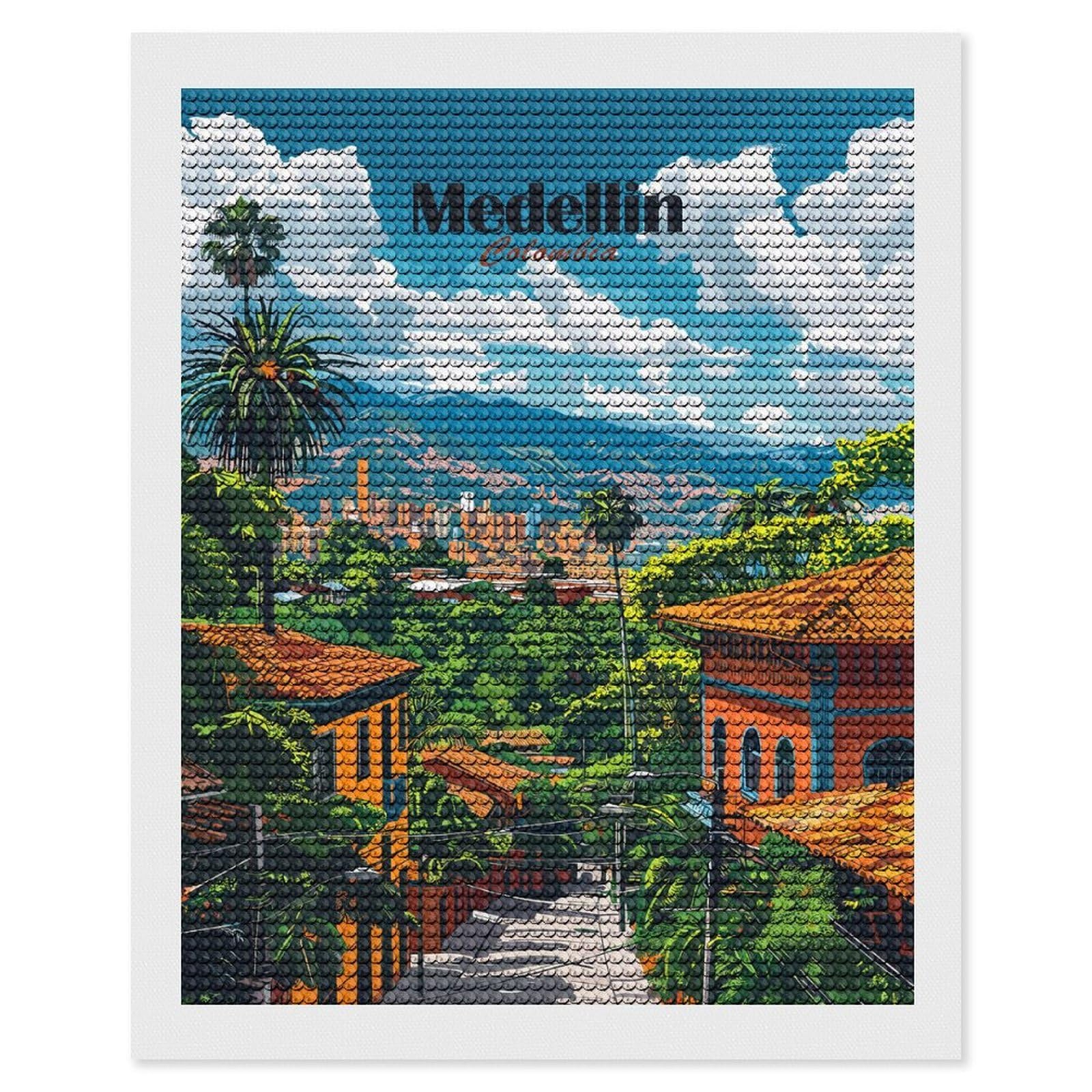 Junmoney Medellin Cityscape Diamond Painting Set 16"x20", Arts and Crafts, Wall Art Gift, Full Kit Included, Relaxing Handmade Project