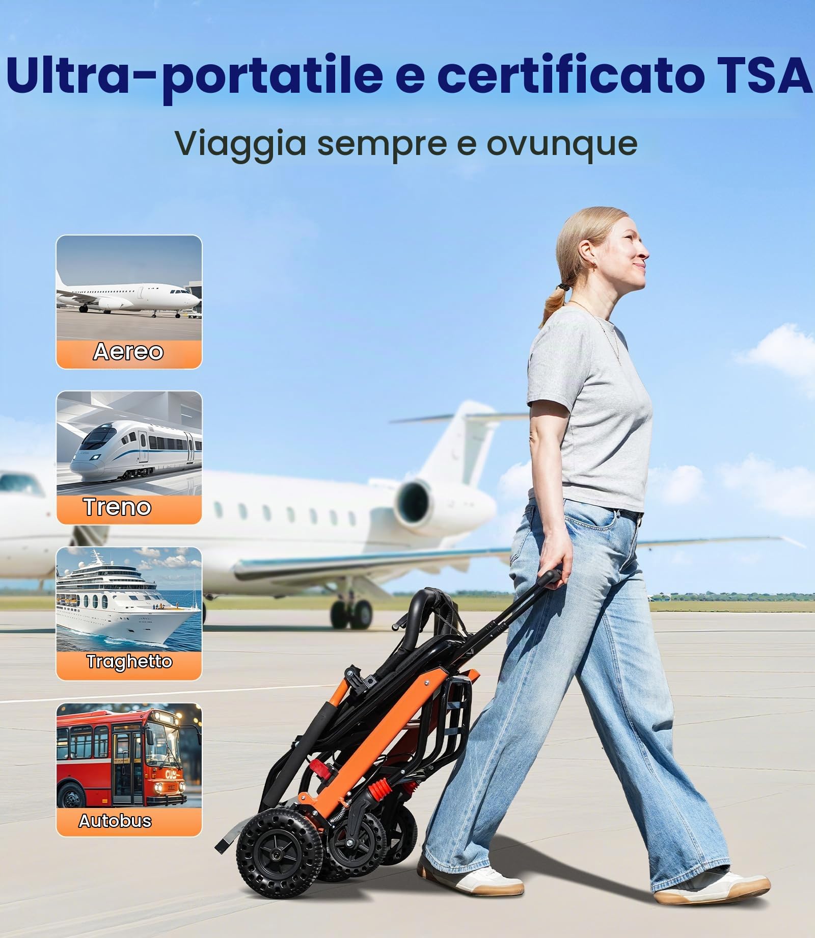 VOCIC U41 Sedia a Rotelle Pieghevole Ultraleggera 8.6KG | Carrozzina da viaggio in alluminio,gomme 20CM a favo per tutti i terreni,stretta 51CM,braccioli pieghevoli|Arancione