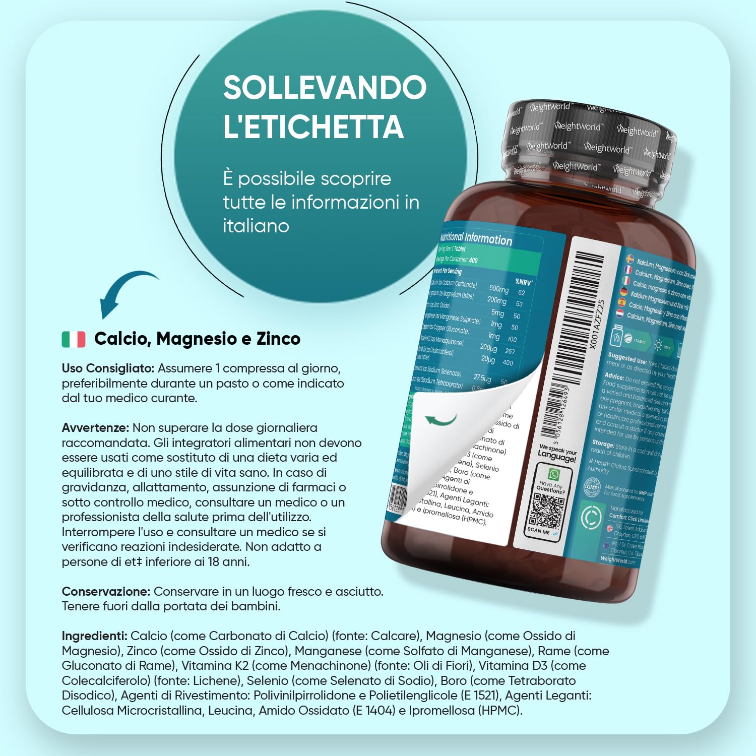 Magnesio Zinco Calcio Vegano con Vitamina D3 K2 Tipo MK-7, 400 Compresse, 1 al Giorno (Fornitura per 13+ Mesi), Calcio Magnesio Zinco Integratore, Complex con Rame e Selenio, Privo di Glutine e OGM