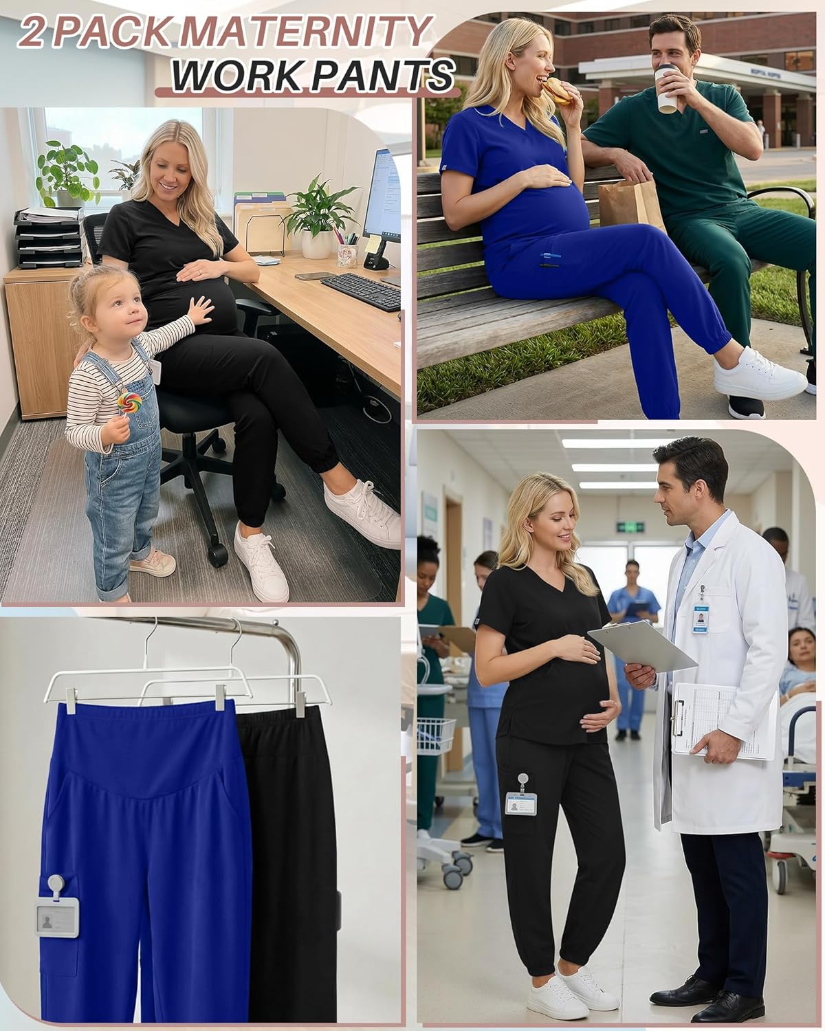 2 Pack Women's Maternity Scrub Pants with 6 Pockets Maternity Joggers Pregnancy Stretchy Soft Workwear Bottoms - Image 3