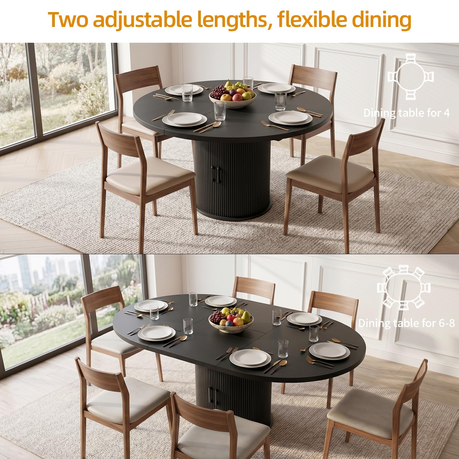 Tavolo da pranzo rotondo allungabile per 4-6 posti, 118-158 cm, ovale da cucina con armadio nascosto, si estende fino a ovale, per casa, sala da pranzo, soggiorno, nero