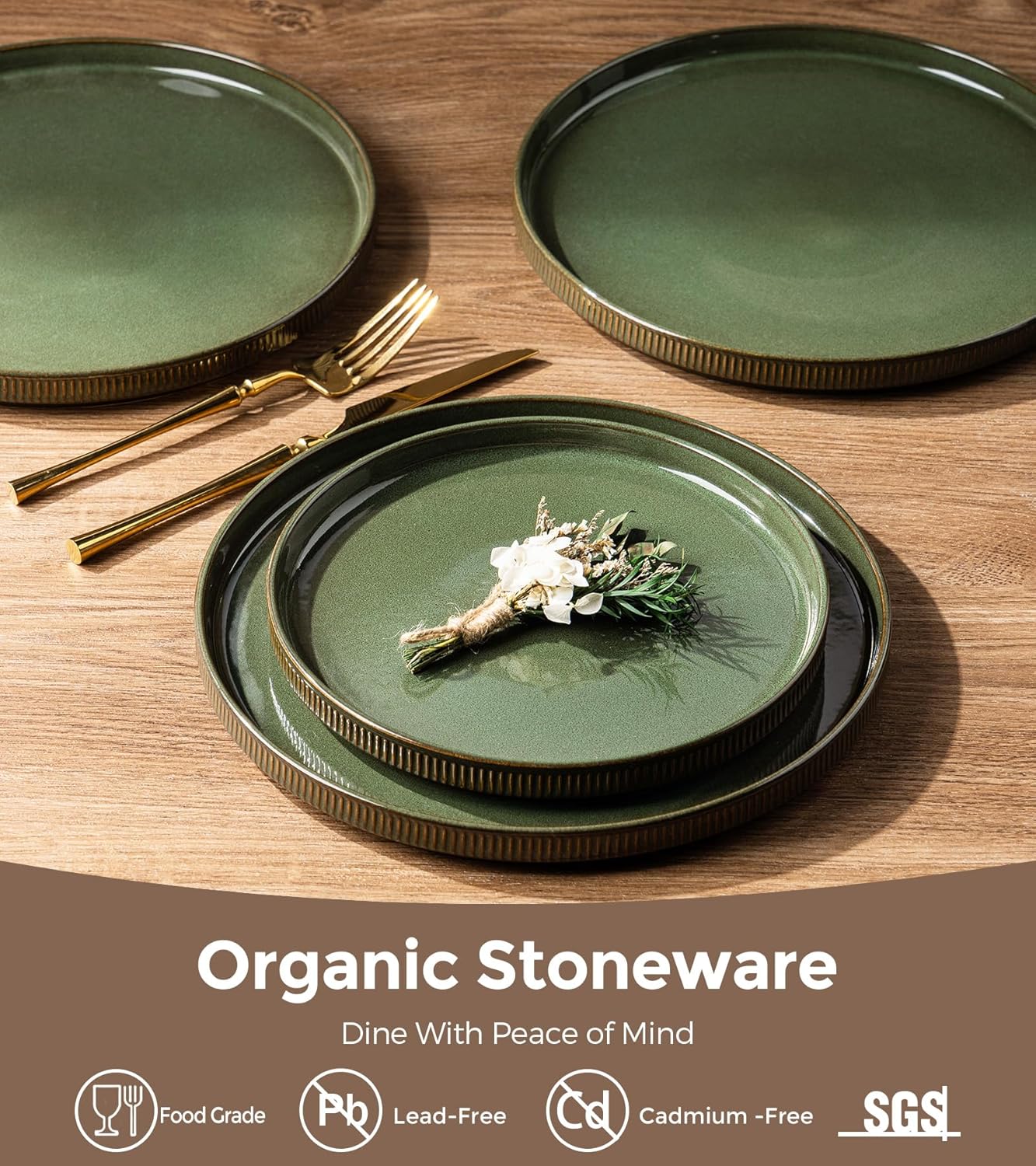 GBHOME Stoneware Dinnerware Sets for 4, 12 Pieces Ceramic Ribbed Plates and Bowls Set, Reactive Glaze Stackable Plate Sets, Scratch Resistant Dishes, Microwave & Dishwasher Safe, Sage Green