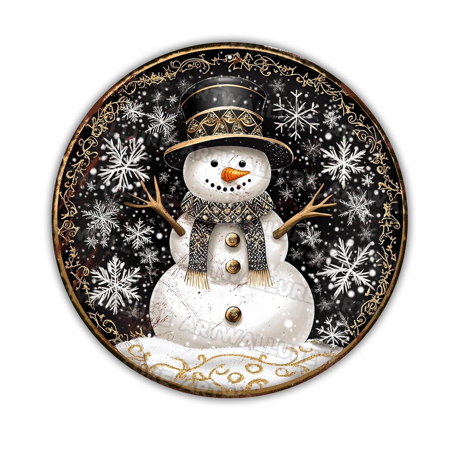 Black and White Snowman Christmas Wreath Round Metal Sign, Winter Wall Decor for Living Room Above Fireplace and Entryway Accent Wall 8x8Inch