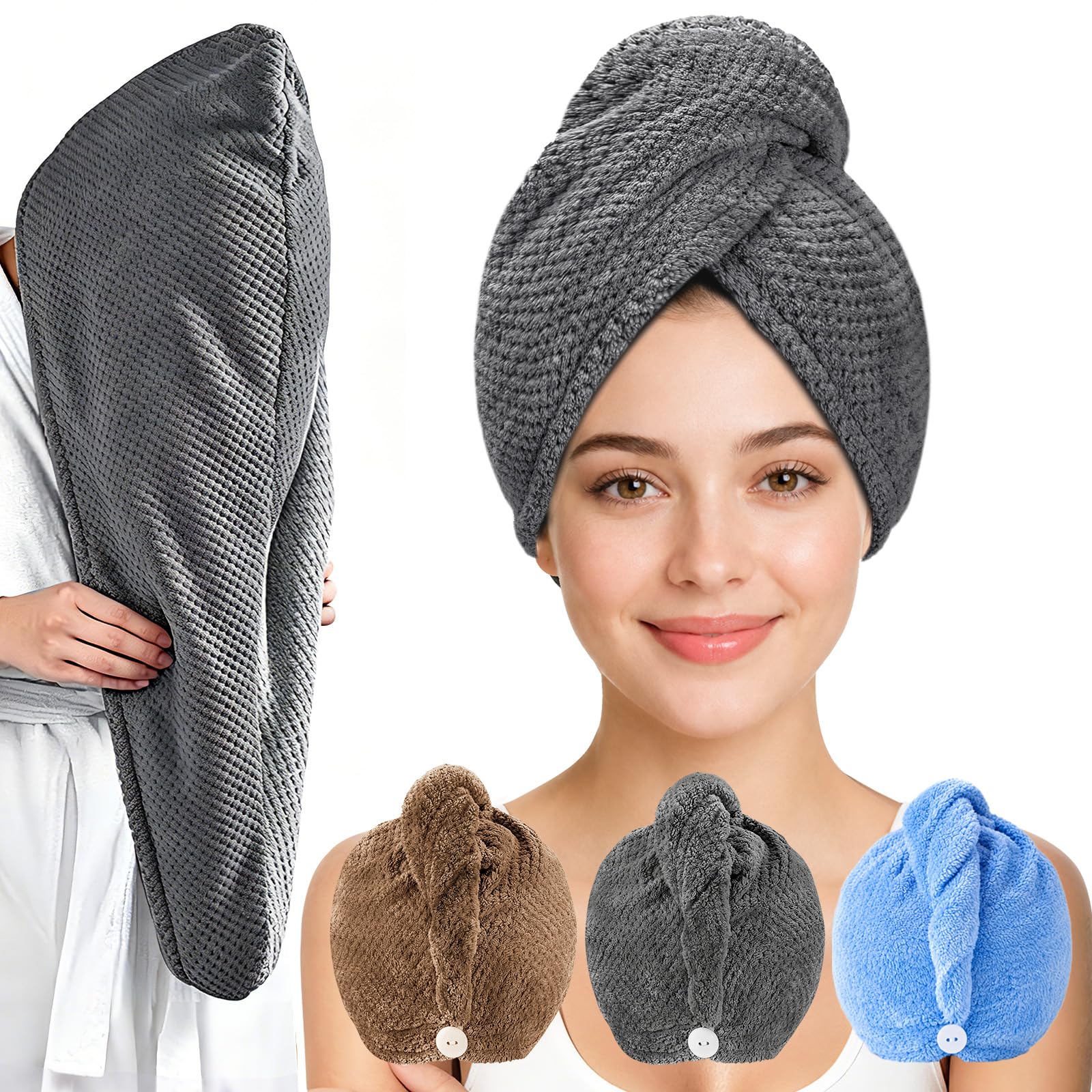 3 Pack Microfiber Hair Towel Wrap for Women, Hair Drying Towels with Button, Super Absorbent Quick Dry Hair Turban, Anti-Frizz Hair Wrap for Curly Thick Long Hair (Gray Khaki Misty Blue)