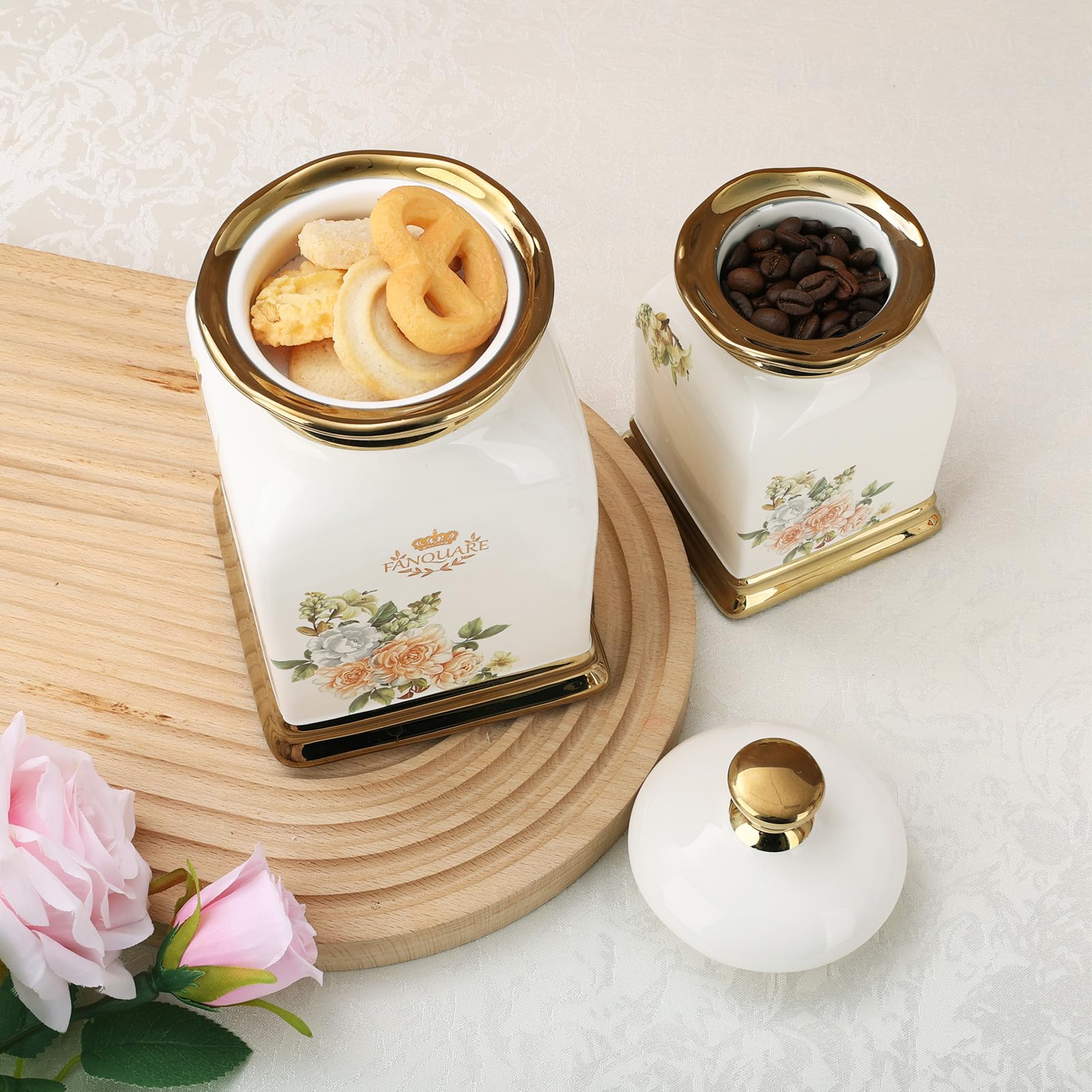 fanquare 3 Barattoli Vintage con Fiori e Coperchio, Tazze in Ceramica per Tè, Caffè, Zucchero, Contenitori Ermetici per Conservare gli Alimenti in Casa, in Cucina, Come Regali