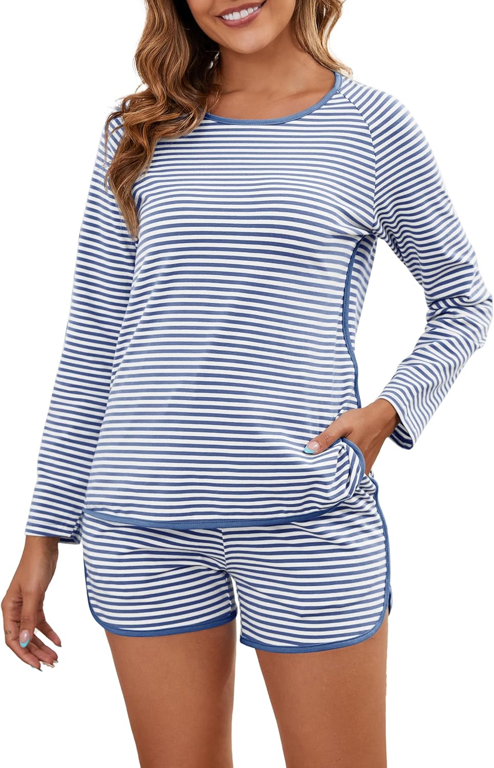 Cotton Pajama Sets for Women Soft 2 Piece Stripe Lounge Set Long Sleeve Shorts Pjs Loungewear Sleepwear with Pockets