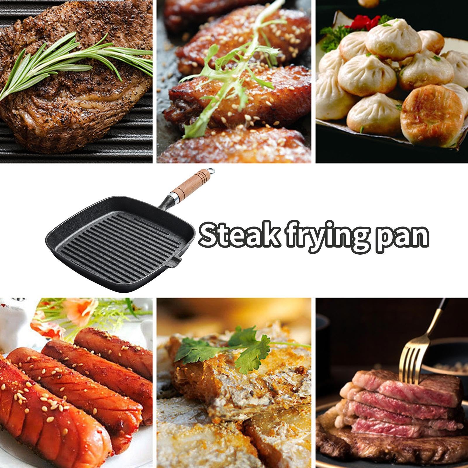 Padella Grill Padella Griglia Antiaderente con Manico in Legno | Utensile da Cucina Ergonomico Termoresistente Portatile per Casa Ristorante