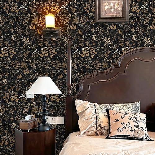 Miniatura 4 de Dimoon Papel tapiz de 78.7 x 17.3 pulgadas, delicado papel tapiz de hojas negras doradas con diseño floral dorado para despegar y pegar, papel de