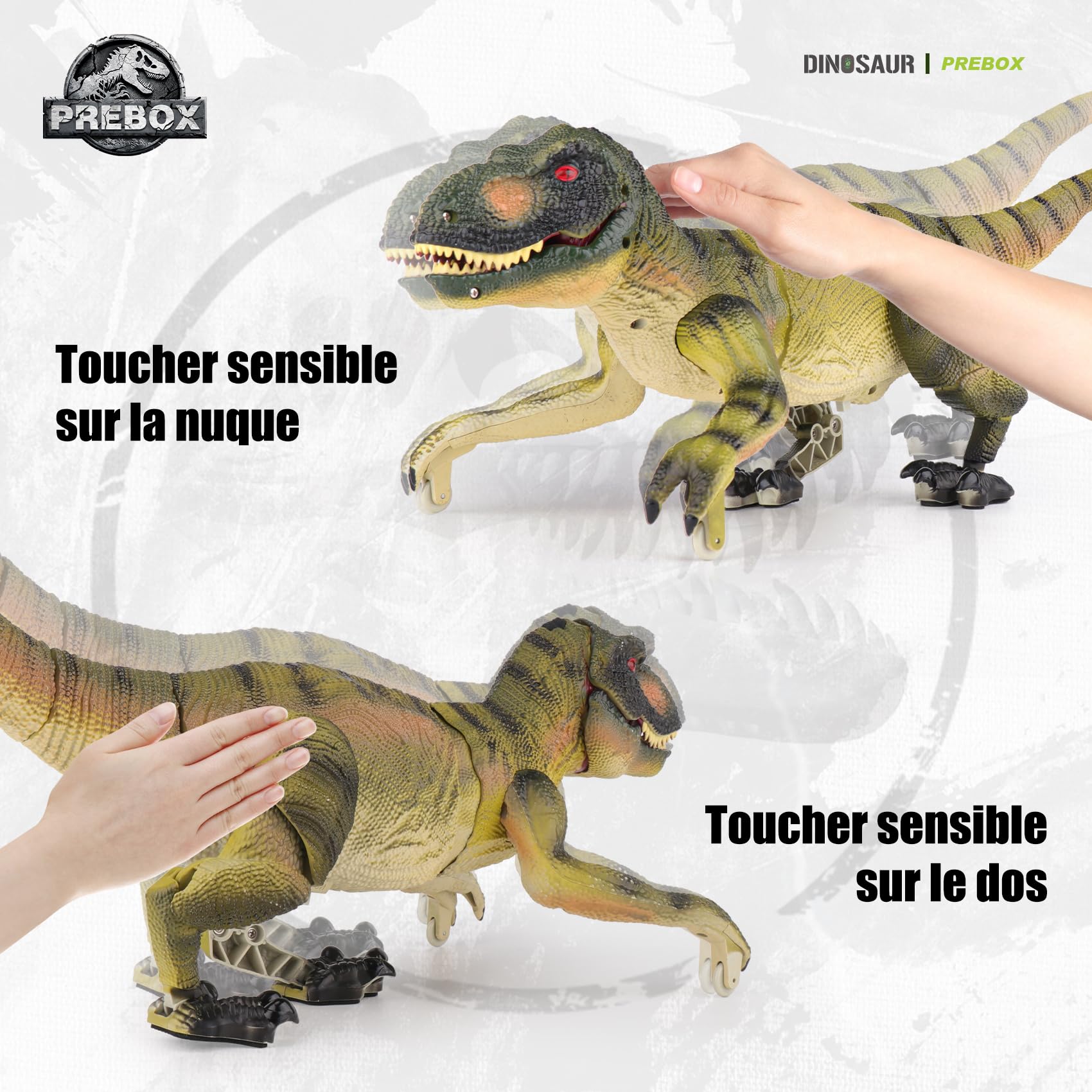 PREBOX Ferngesteuerter Dinosaurier Spielzeug für Jungen, RC Dino Roboter mit Brüllen, Sprühfunktion, Kopf- und Schwanzbewegungen, Realistische Gehbewegungen,Geschenk für Kinder 3-12 Jahre