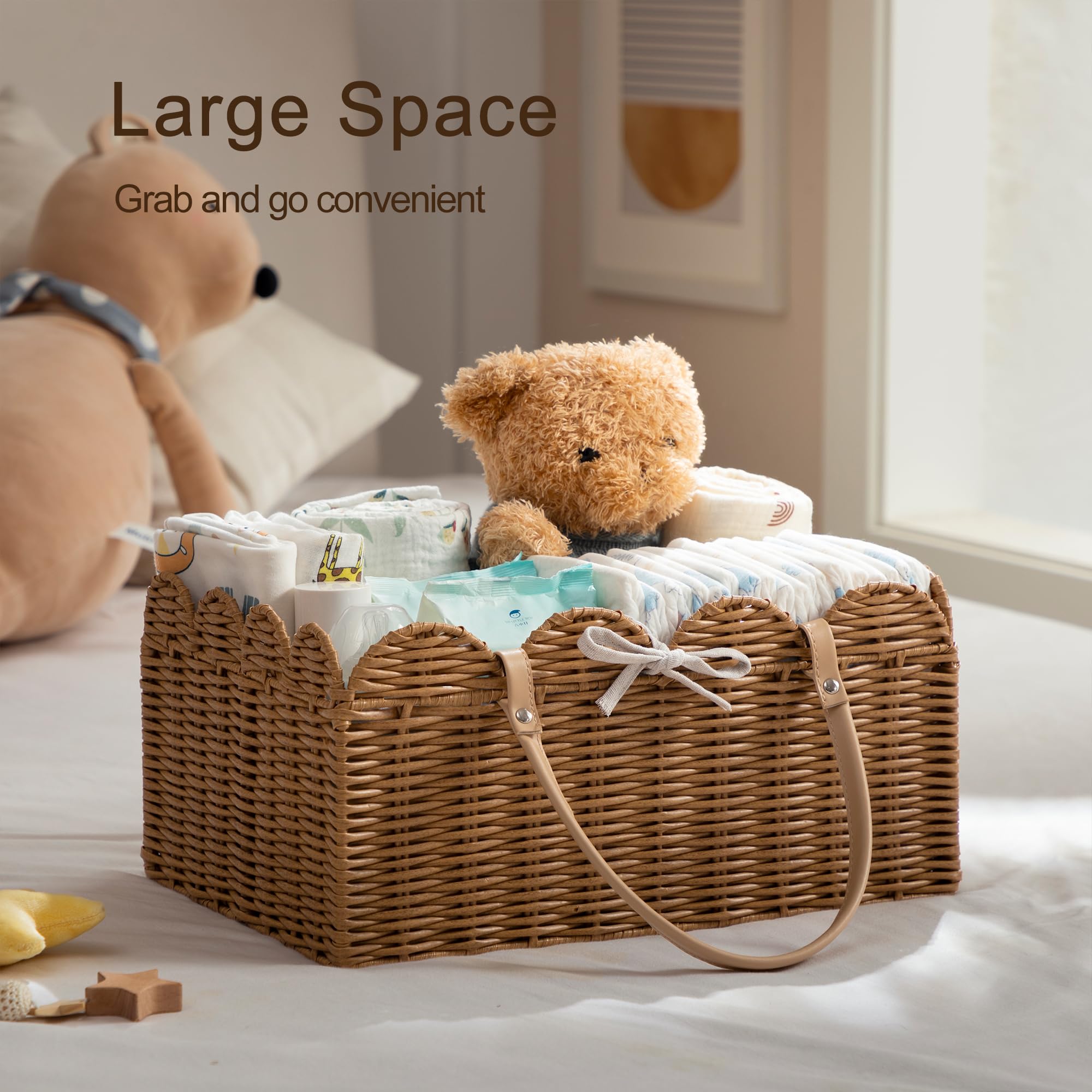 HBlife Organizador de pañales para bebé, lavable, impermeable, gran cesta tejida de mimbre festoneado portátil con divisor, estación de pañales para guardería, cesta de regalo para baby shower