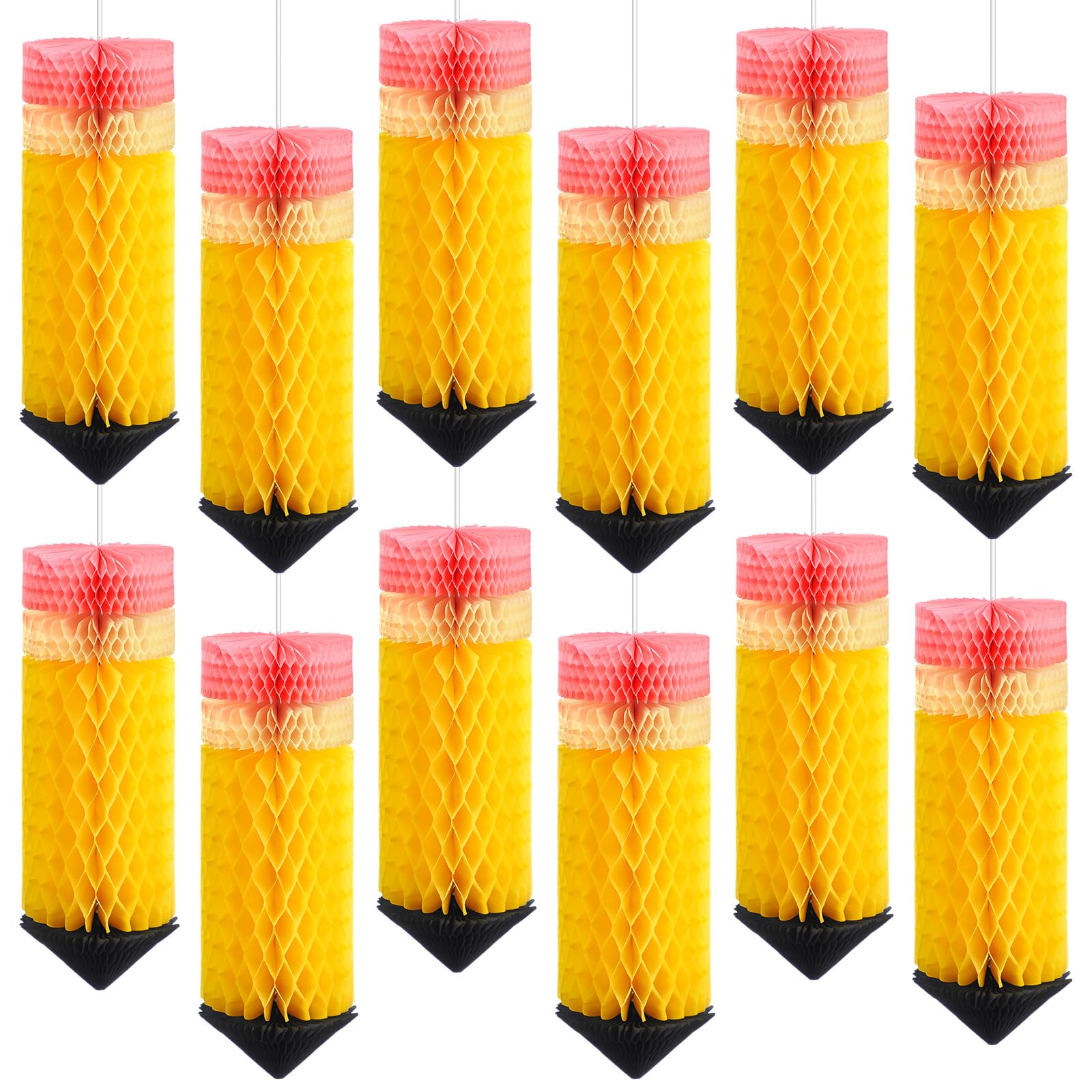 Retisee 12 Pcs Hanging Pencil Lanterns Honeycombs Decorations Back to School Classroom Ceiling Decor Colorful Pencil Honeycombs First Day of School
