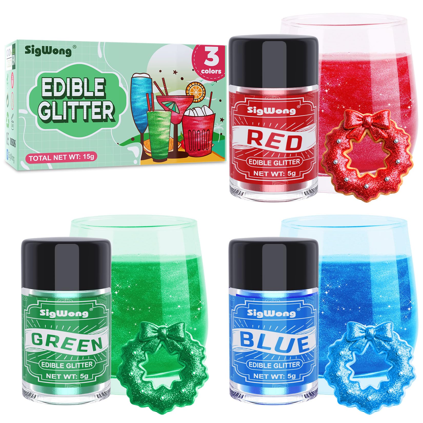 Edible Glitter Set, 3 Colors Luster Dust Edible Glitter, Food Grade Metallic Food Decorating Sprinkle Dust for Drinks Wine, Powder Glitter for Fondant, Chocolate, Candy, Christmas Cookie, 5g/0.18oz, Vegan