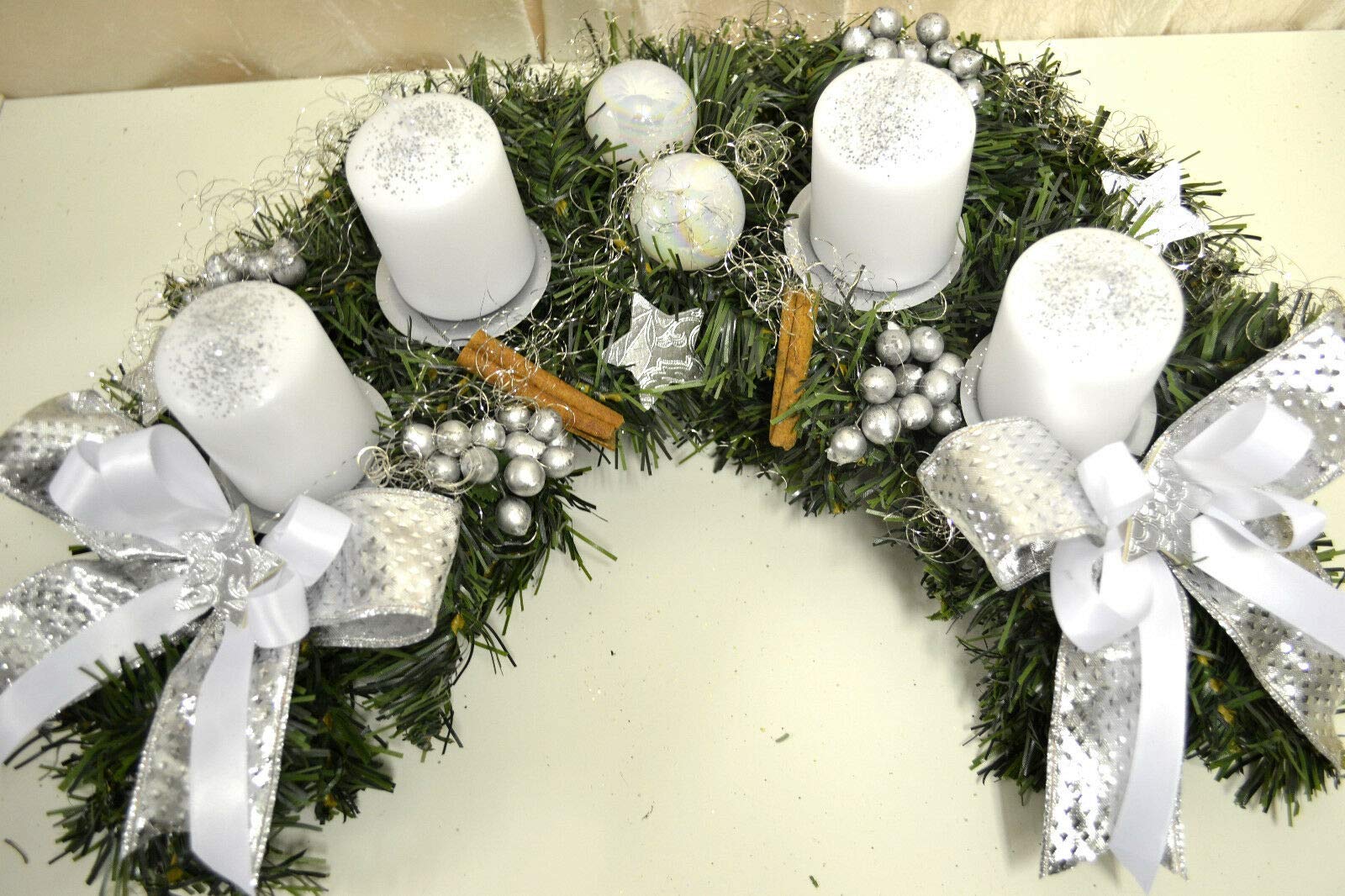 Adventskranz Halbmond künstlich Silber weiß Weihnachten Advent Gesteck