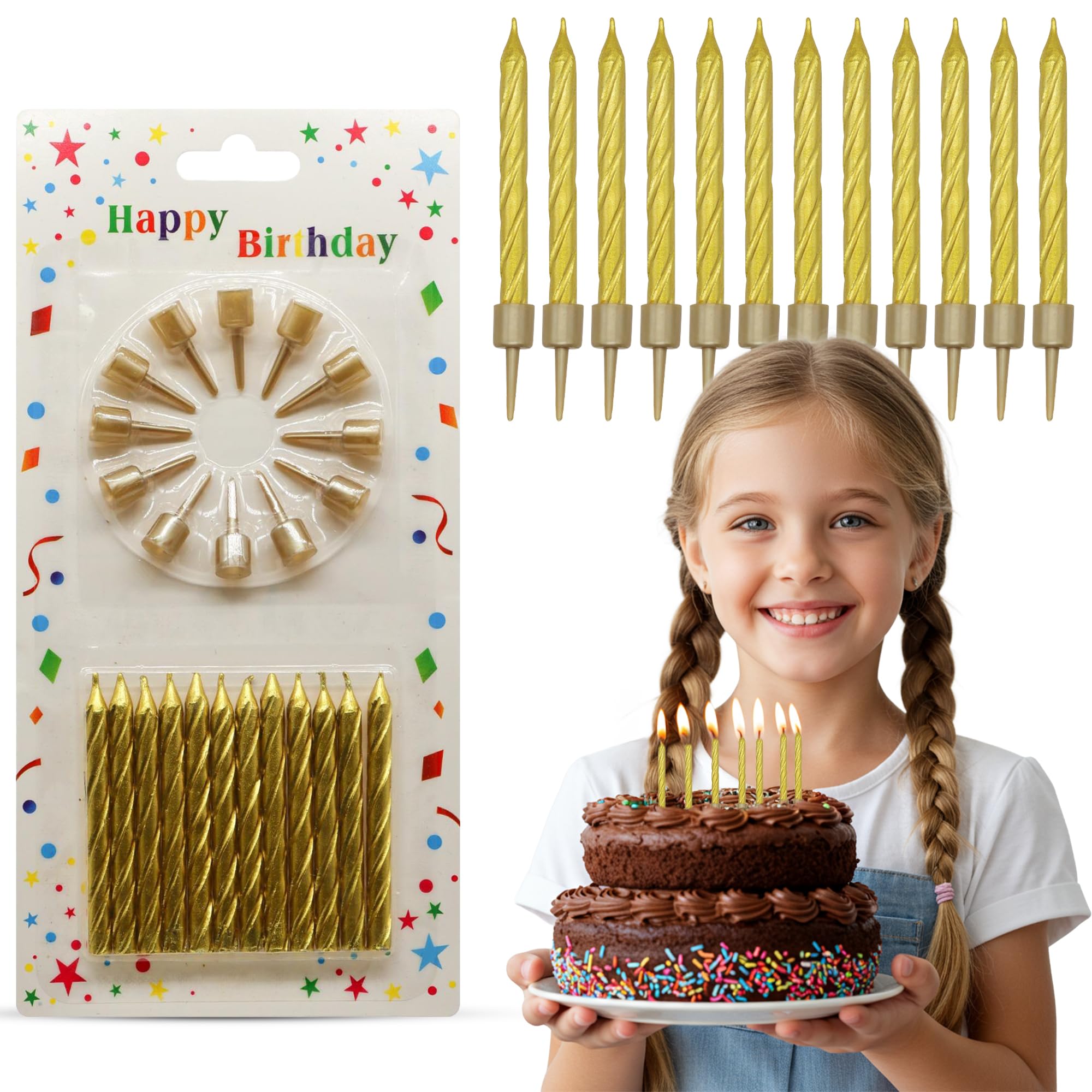 Birthday Candles, Gold Birthday Candles for Cakes, Pack of 12 Party Spiral Candles with Gold Candle Holders, Candles for Wedding, Birthday, Party Decorations, Anniversary and Meetups