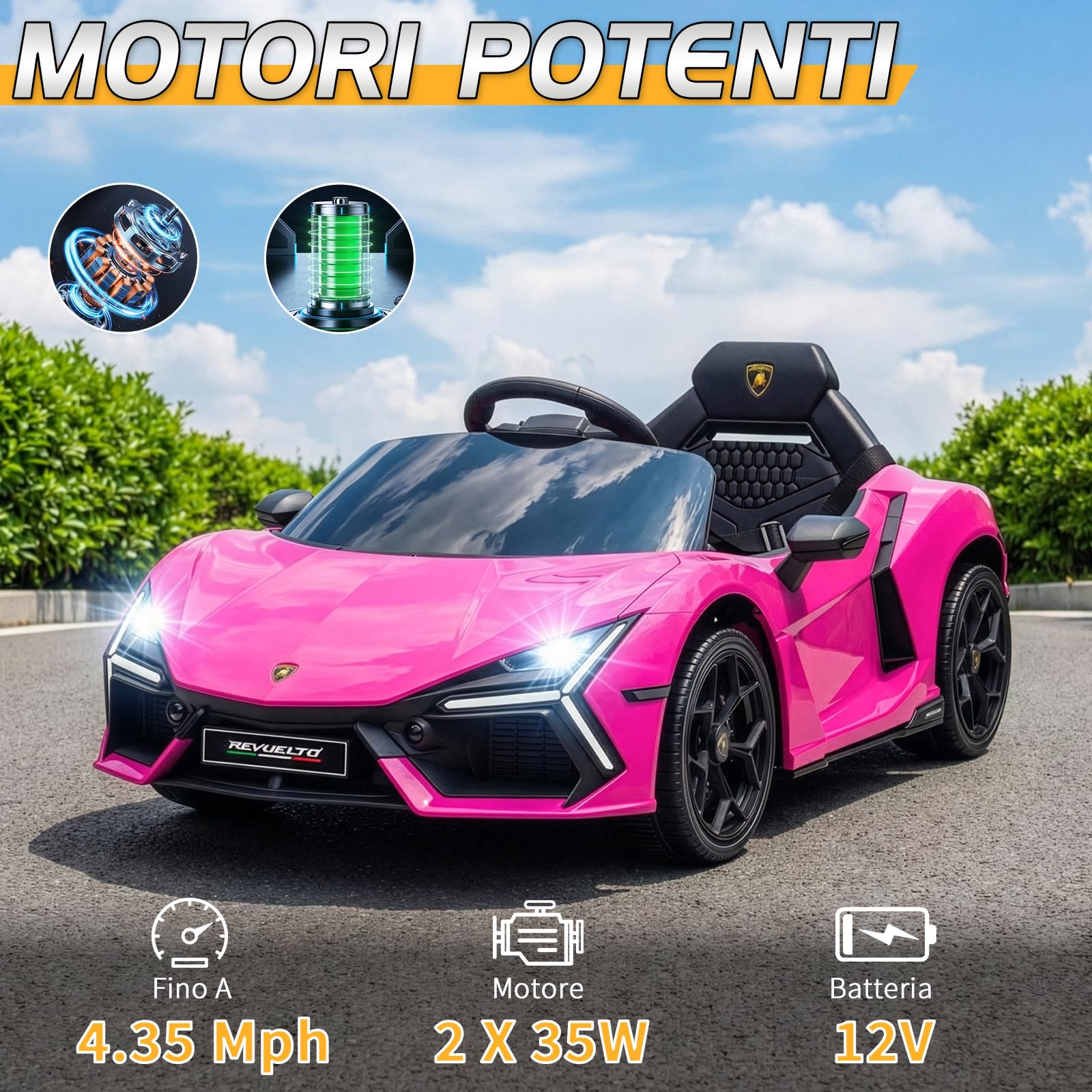 LALAHO Auto elettrica per bambini LAMBORGHINI REVUELTO 12 V (Rosa) | Doppi Motori, Telecomando 2.4 GHz, MP3, Sospensioni, Auto Elettrica per Bambini 3-5 Ann