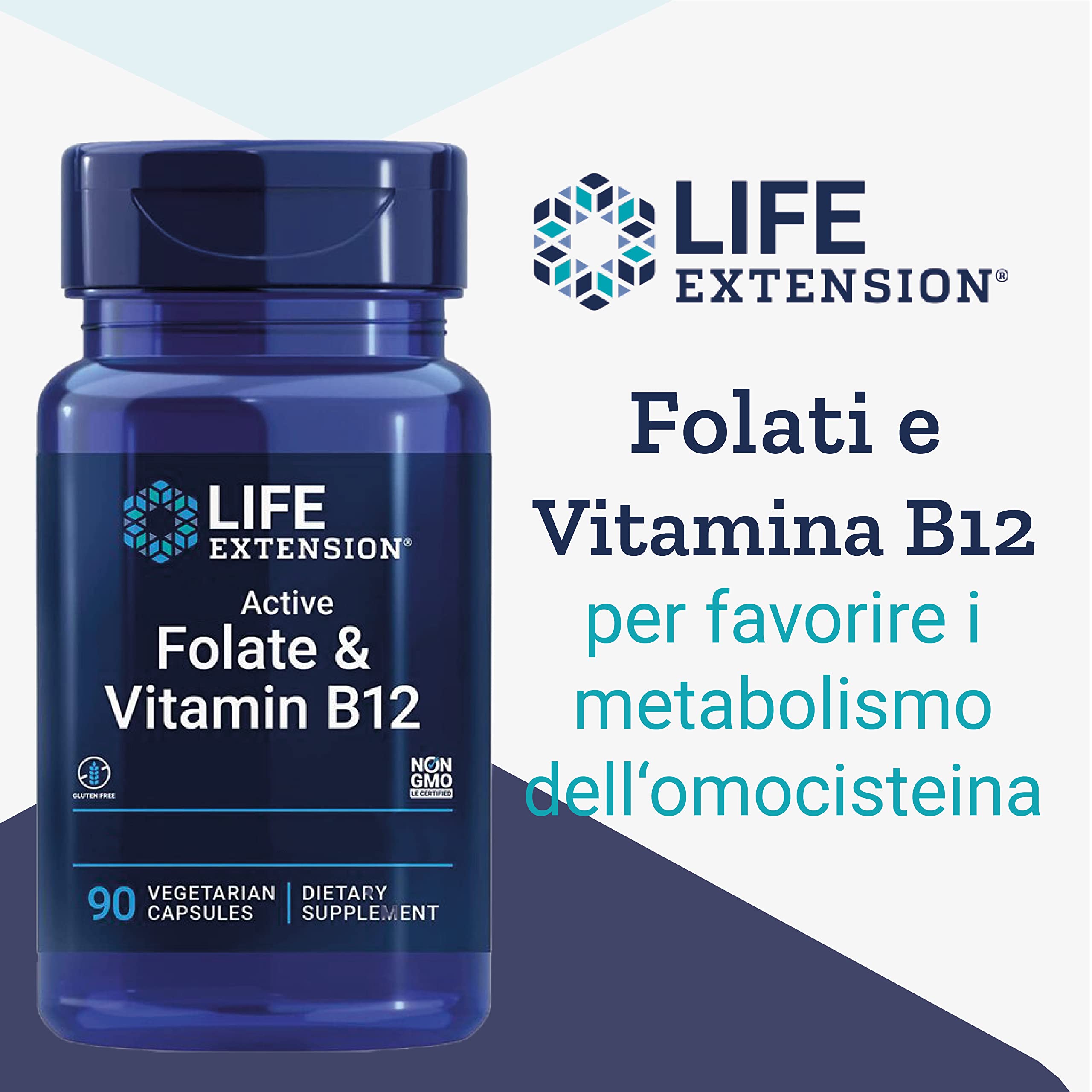 Life Extension, Bioactive Folate & Vitamin B12, Altamente Dosato, 90 Capsule vegane, Testate in Laboratorio, Vegetariane, Senza Glutine, Senza Soia, Non OGM