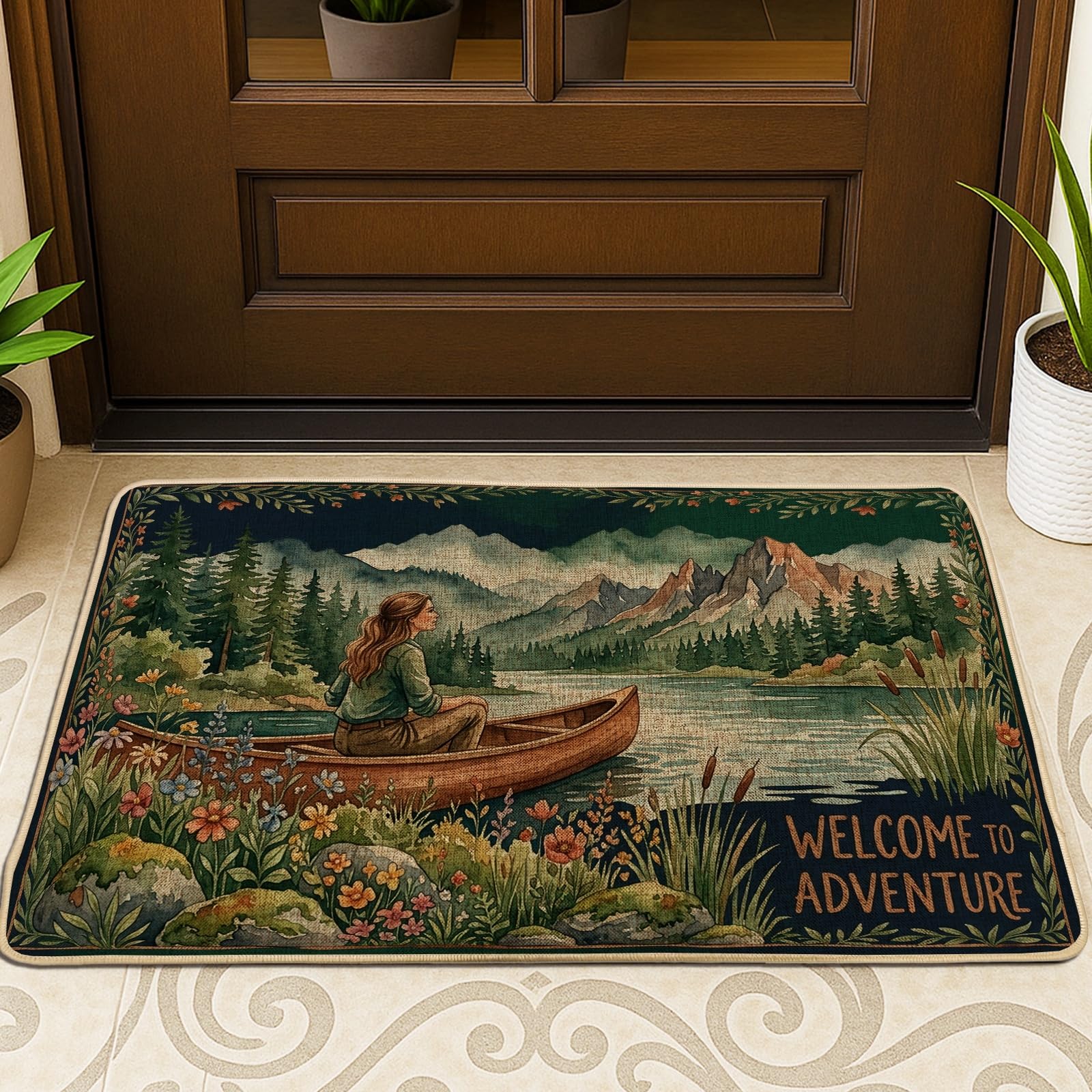 Paillasson pour femme thème aventure et tapis d'entrée antidérapant vert montagne
