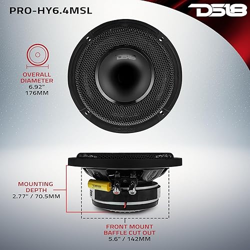 Miniatura 5 de DS18 PRO-HY6.4MSL - Altavoz híbrido de audio para automóvil de rango medio poco profundo de 6.5 pulgadas con controlador integrado y parrilla