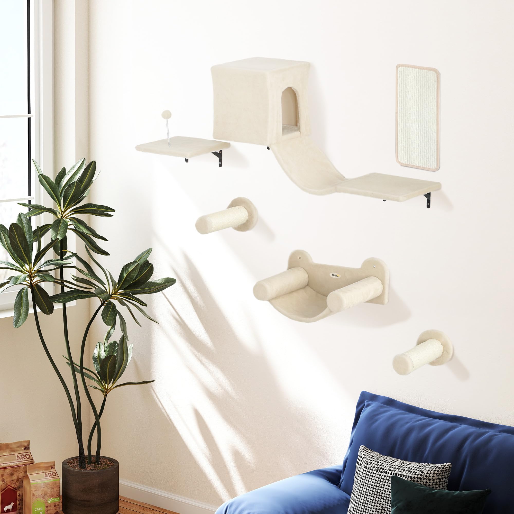 PawHut Juego de Pared de Escalada para Gatos Condominio 6 Piezas Beige | Estanterías para Gatos, Plataforma, Hamaca, Escaleras, Percha, Tabla Rascador, Poste de Sisal, Bola de Juguete