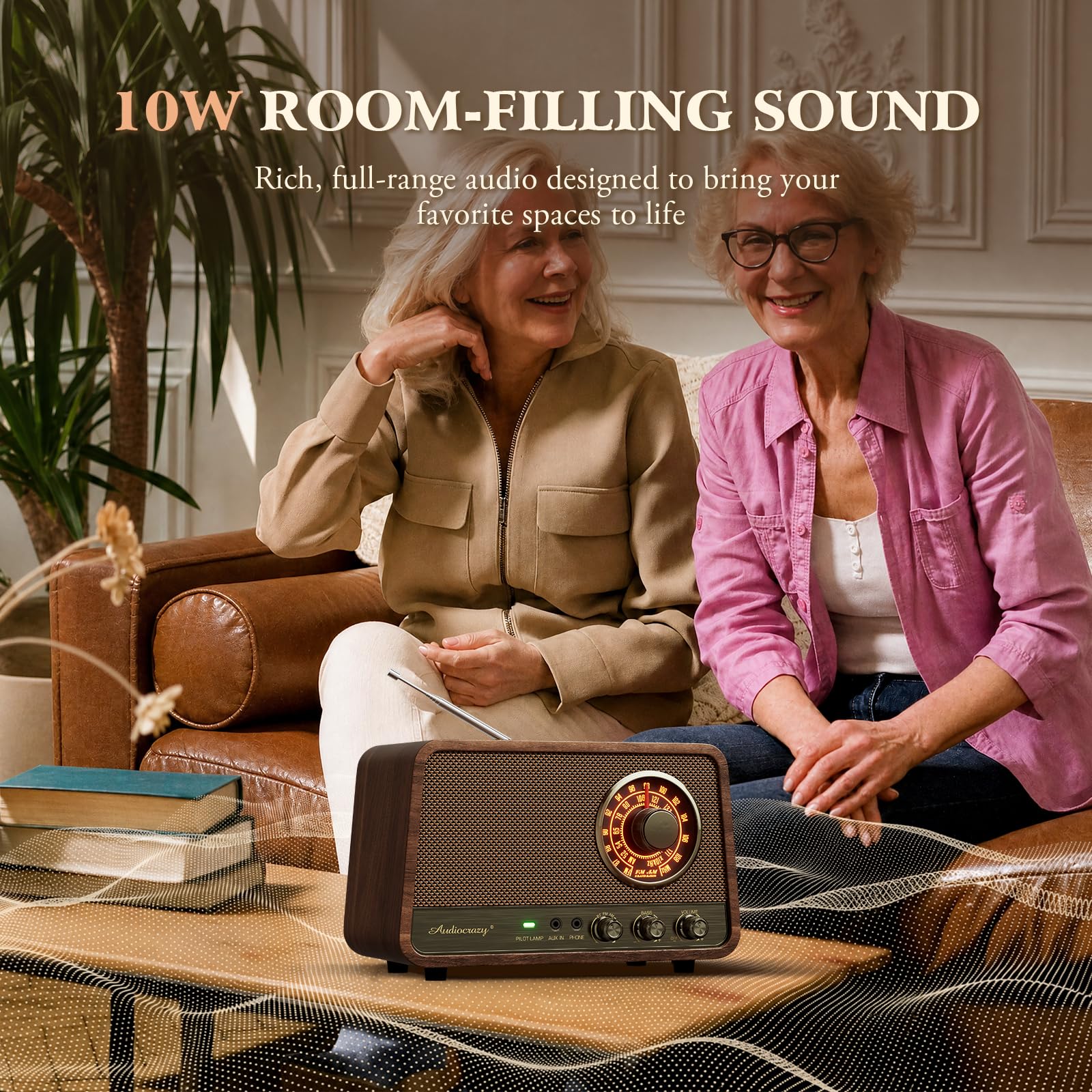 Radio Bluetooth AM FM vintage en bois avec son puissant de 10 W, haut-parleur Bluetooth rétro avec cadran ambré, contrôle des basses, entrée auxiliaire, prise casque, pour
