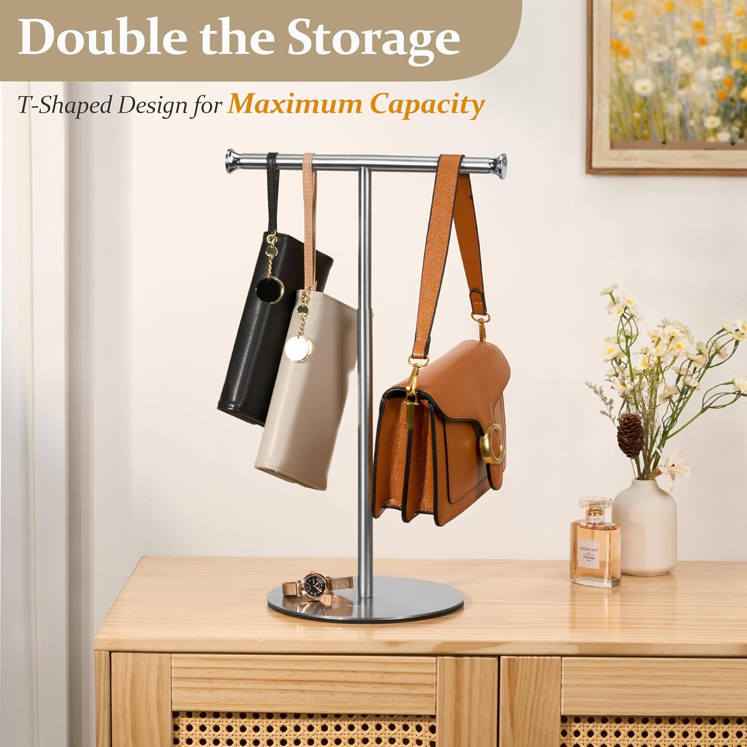 niffgaff T Bar Purse Display Stand Tabletop: Adjustable Height 201 Stainless Steel Handbag Holder, Countertop Hanging Rack for Long Necklace Scarf Lanyard, Silver Brushed Finish - Image 5