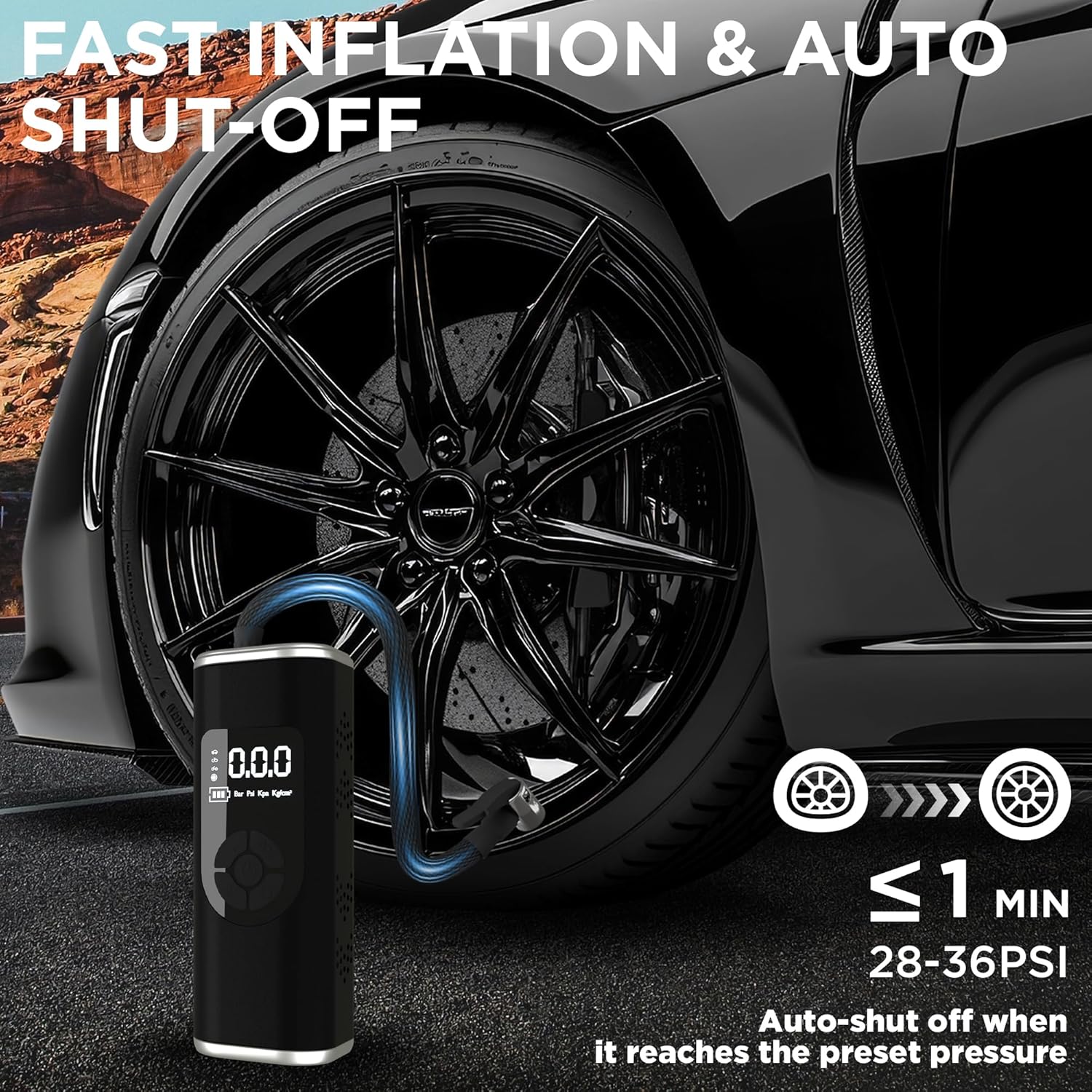 StartPro Tire Inflator Portable Air Compressor, 150PSI Cordless Air Pump, Dual Power Suply, LED Display, Flashlight, Auto Shut-Off, Fast Inflation for Car, Motorcycle, Bike, and Sports Equipment