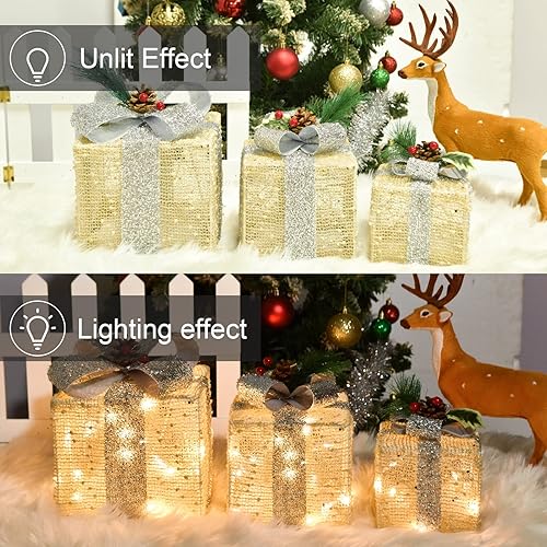 Miniatura 4 de Cajas de regalo iluminadas de Navidad, luces preiluminadas, cajas de regalo de tela de lino dorado, juego de cajas de regalo iluminadas a pilas de