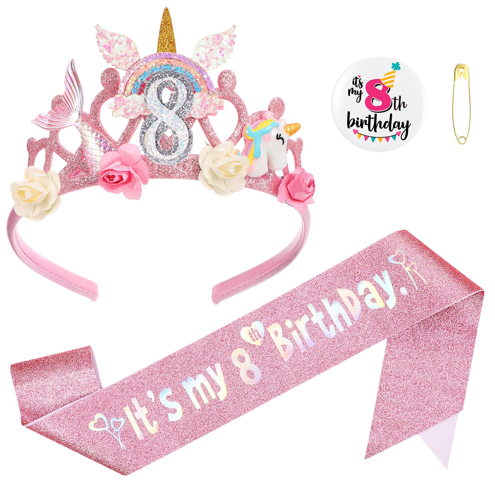 GSrenyu 8th Birthday Decorations for Girls,Headband Glitter Sash and Badge Set for 8 Year Old Girls Birthday Decorations,Flower Princess Crown Headband