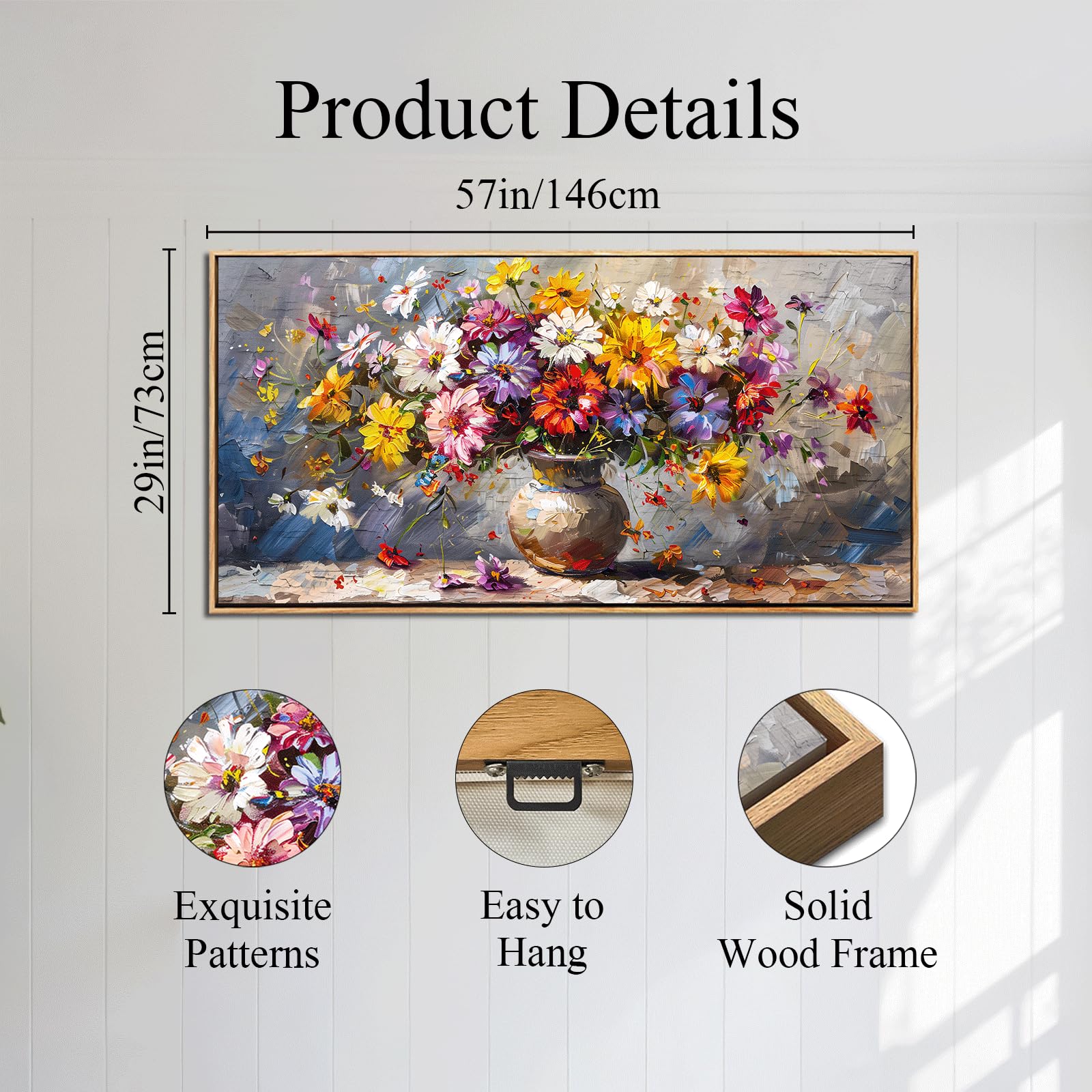 JHHUAMO Wandbilder Wohnzimmer Groß, Natürliche Leinwand Bilder mit Rahmen, Bunte Vase GemäLde, Modern Aesthetic Botanische Wanddekoration für Schlafzimmer Flur Büro Esszimmer 73x146 cm