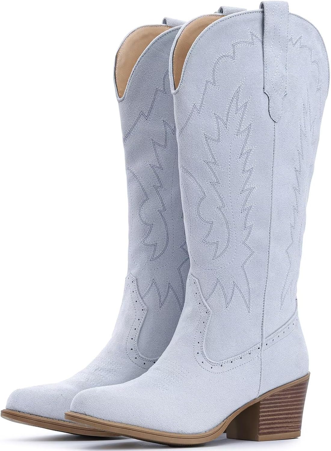 IUV Suede Cowboy Boots For Women Chunky Heel Pointed Toe Cowgirl Boots Mid Calf Western Embroidery fall Boot